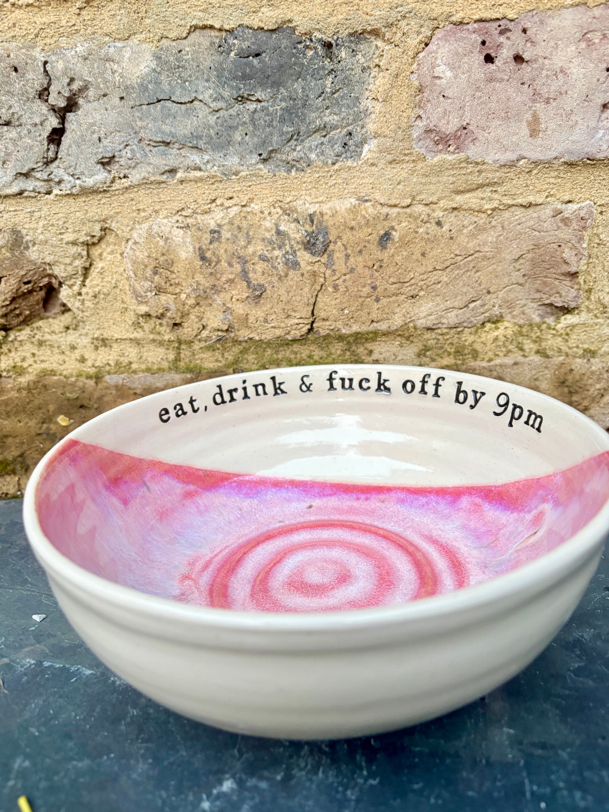 “eat, drink and fuck off by 9pm" round salad/pasta bowl (pink, cream clay)