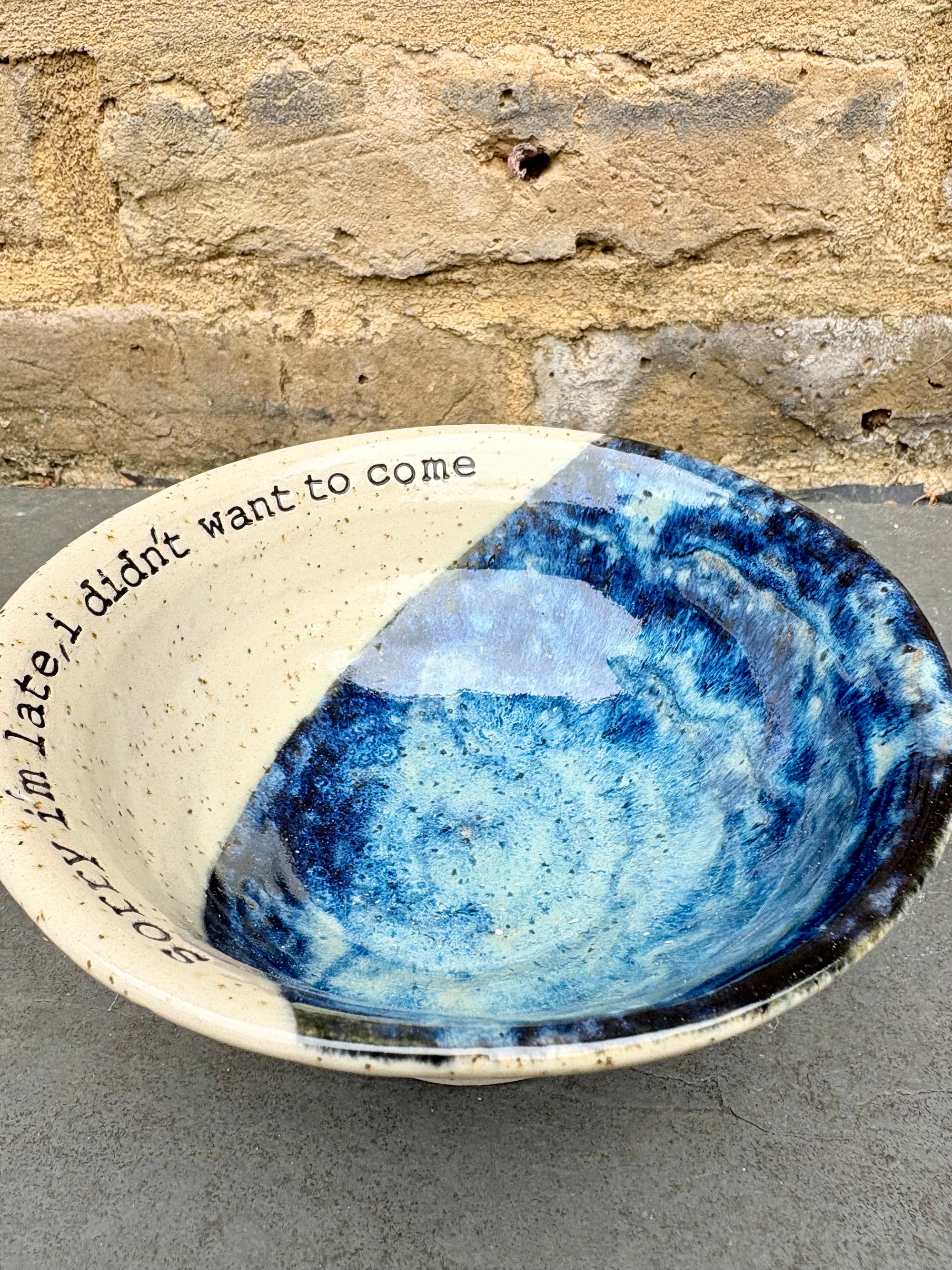 "sorry i'm late, I didn't want to come" bowl (blue)