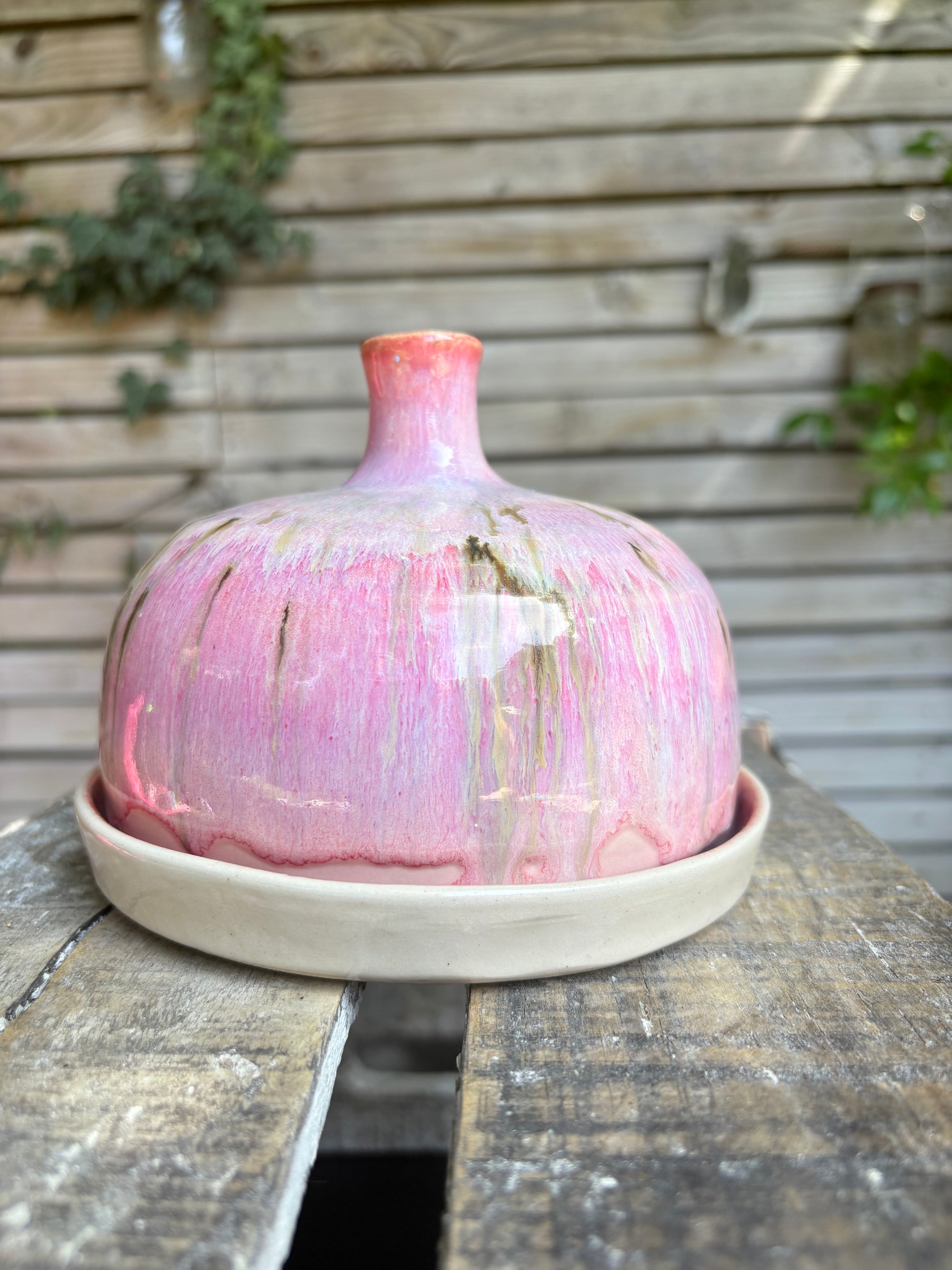 Butter Dish (butter slut, pink wood, cream clay, knob)