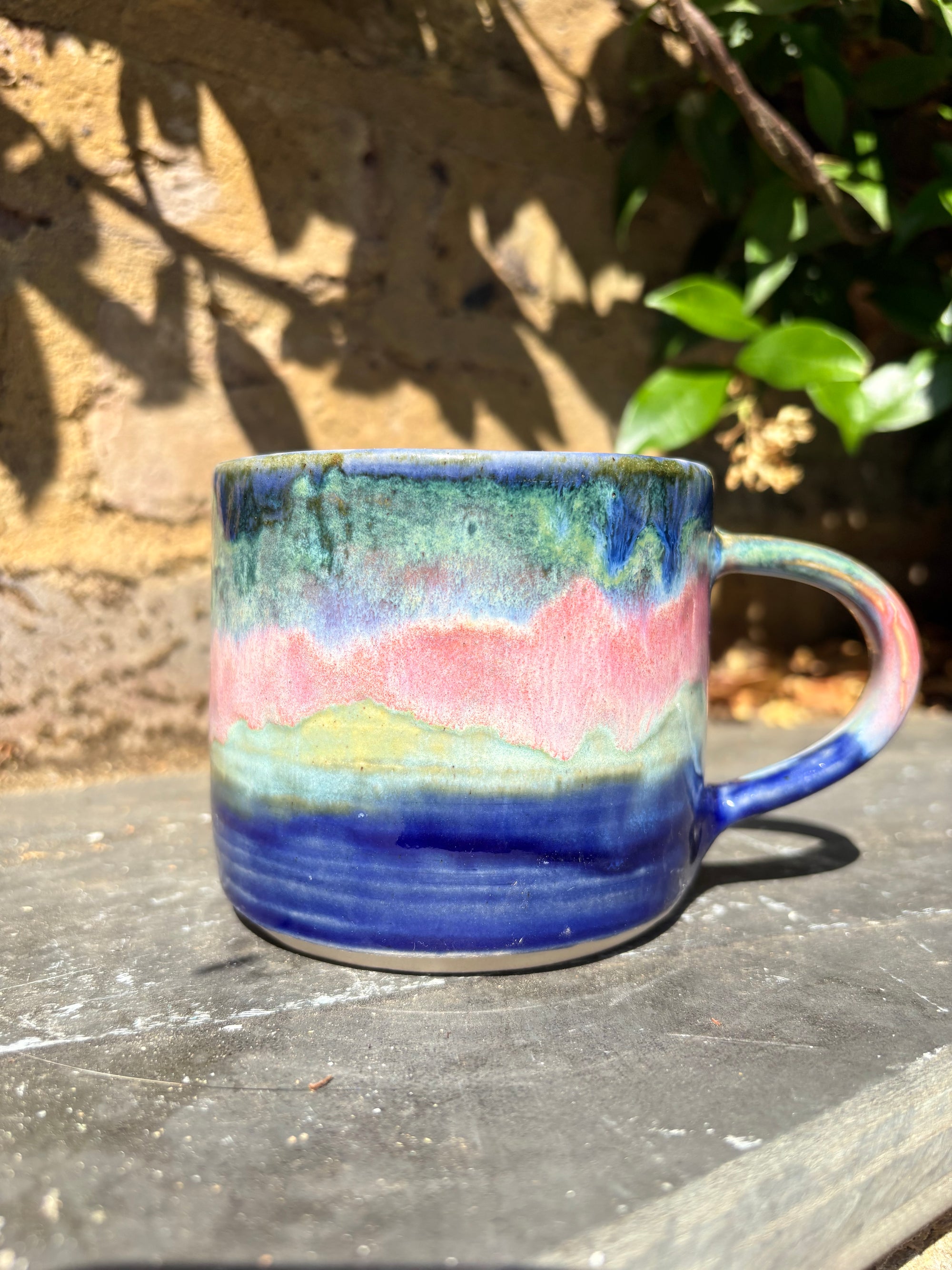 "really happy to be here” "what a bunch of cunts" mug (pink night sky, 325ml)