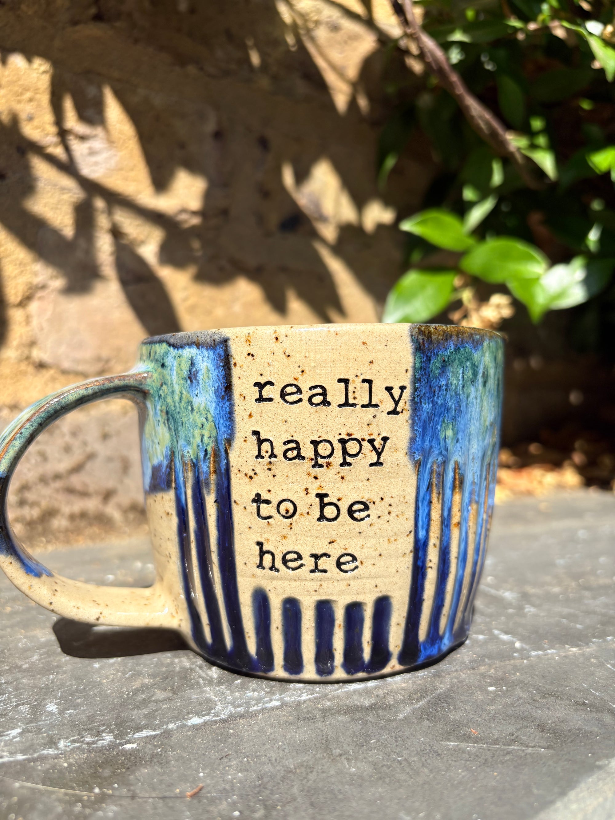 "really happy to be here” "what a bunch of cunts" mug (green/blue, grooves, 375ml)