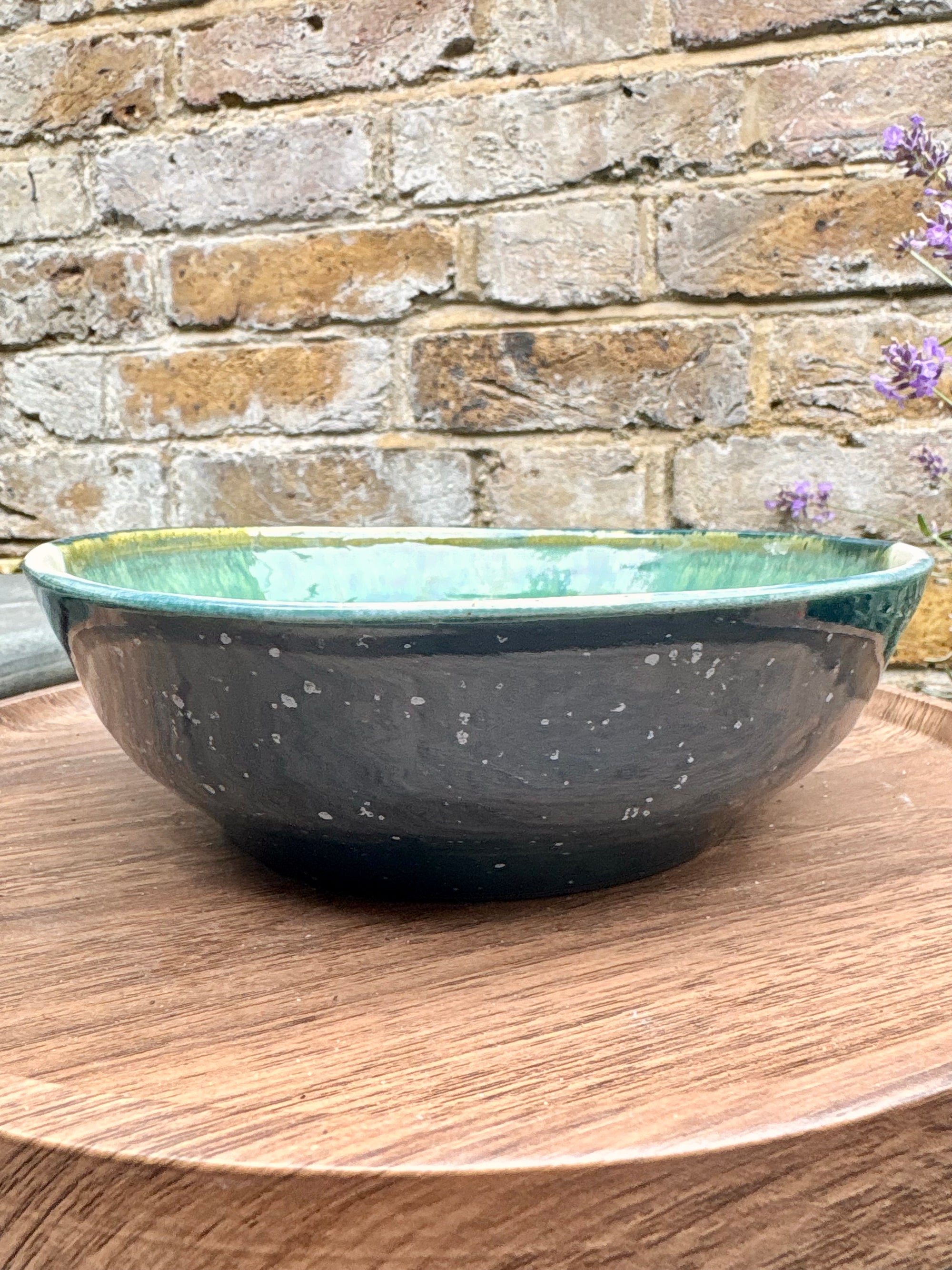 “eat, drink and fuck off by 9pm" round pasta/salad/serving bowl (green, cream clay)