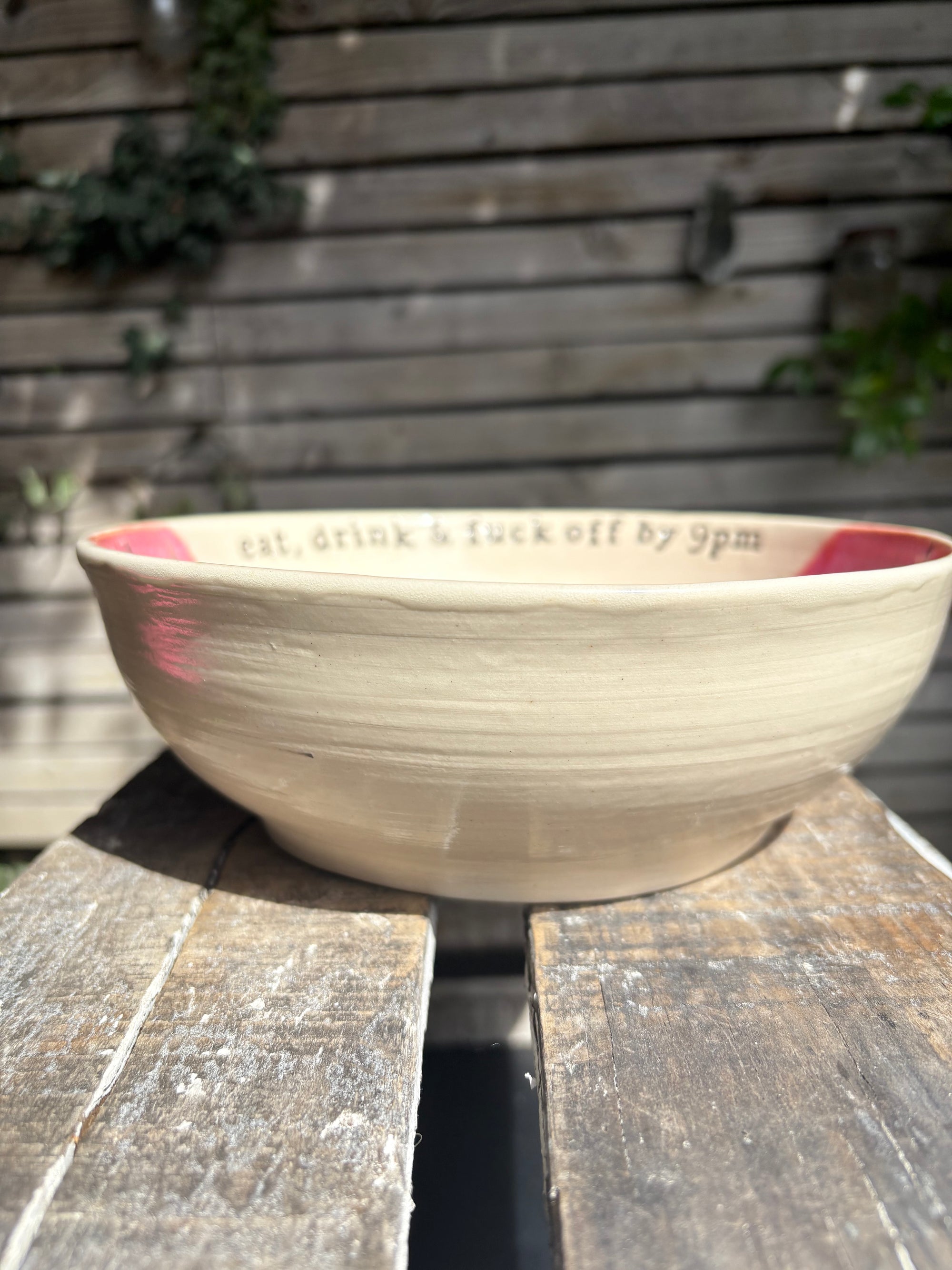 “eat, drink and fuck off by 9pm" round salad/pasta bowl (pink, cream clay, second)