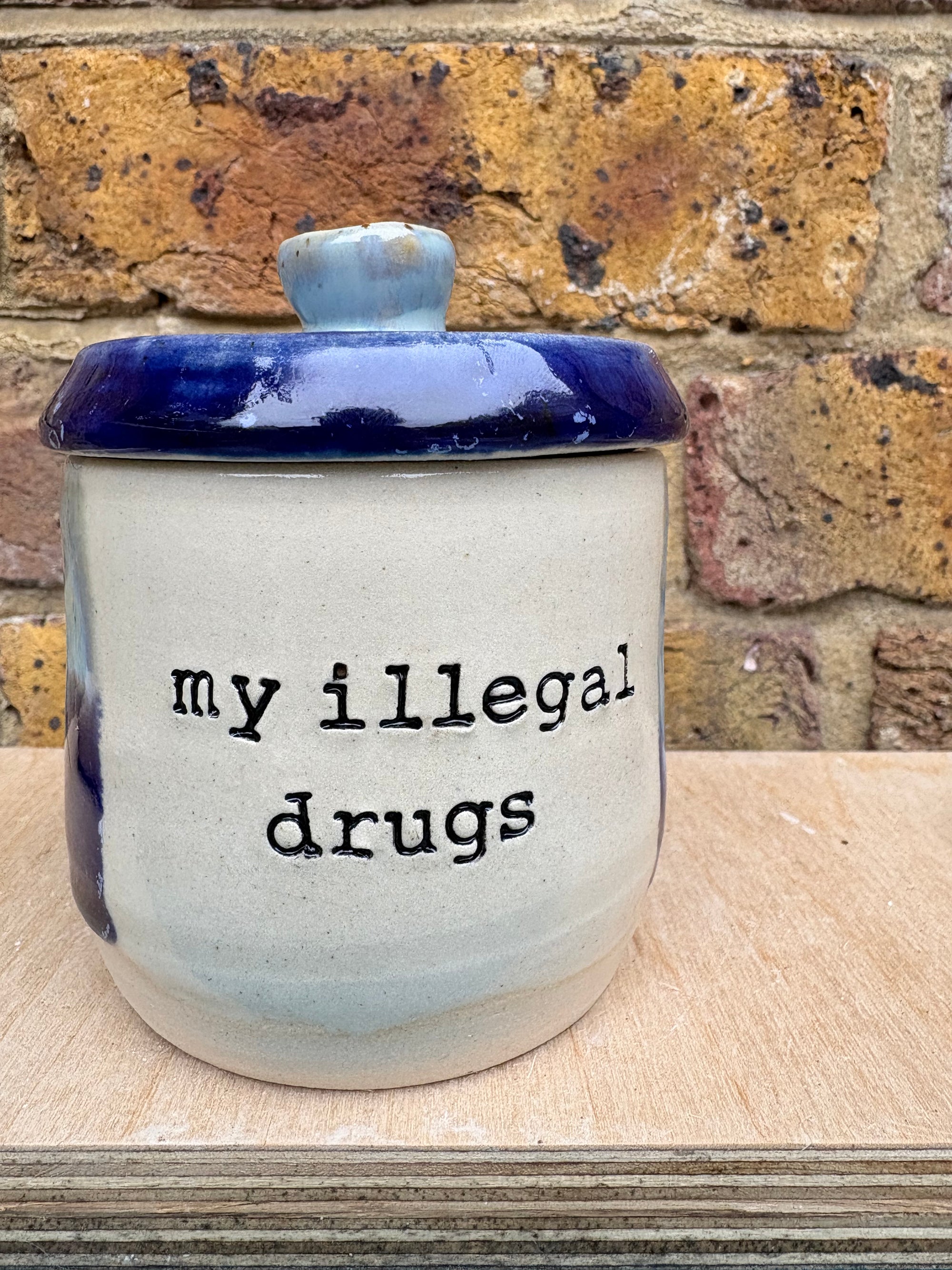 “my illegal drugs" lidded pot (blue night sky)