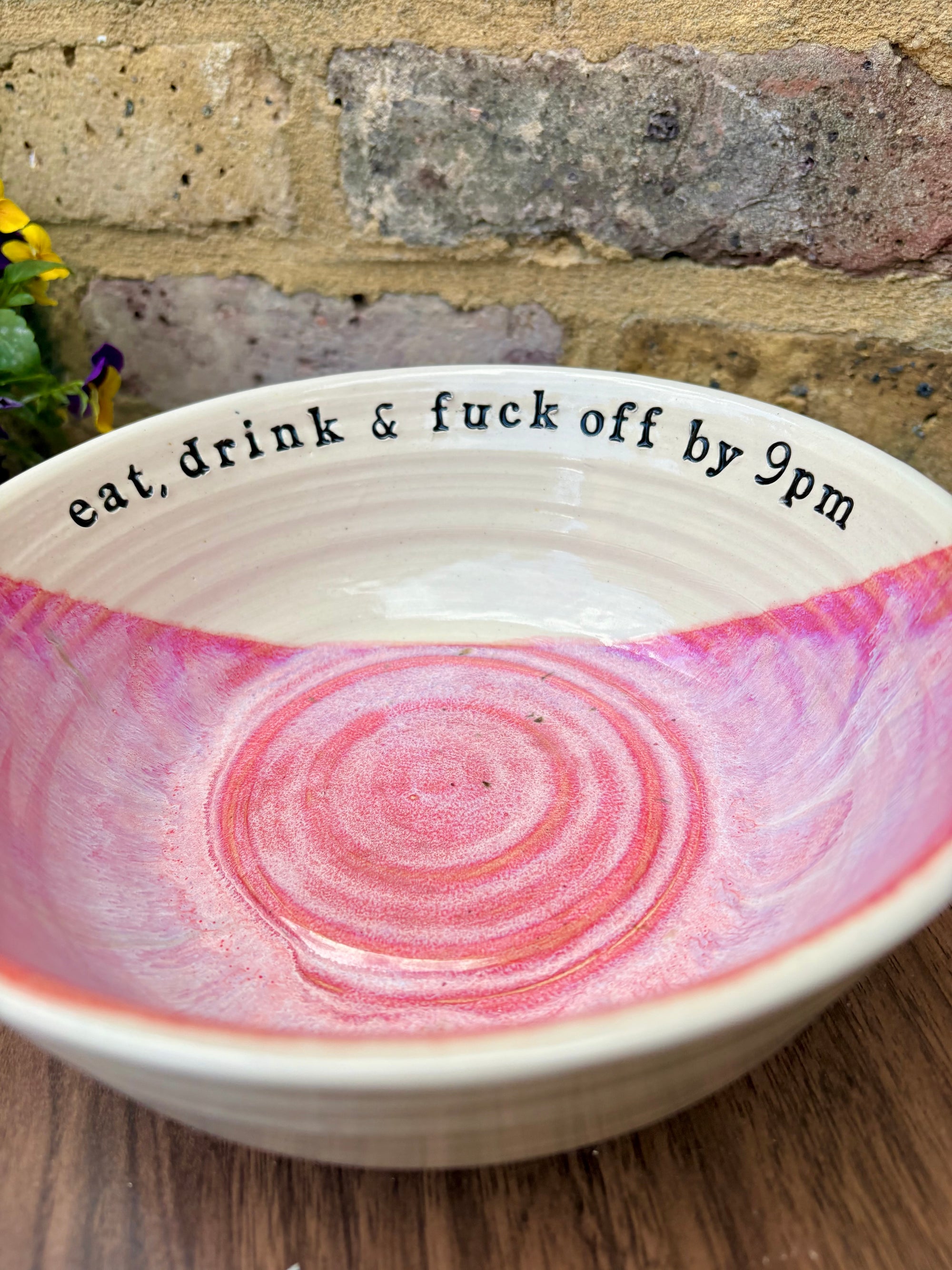 “eat, drink and fuck off by 9pm" round salad/pasta bowl (pink, cream clay, second)