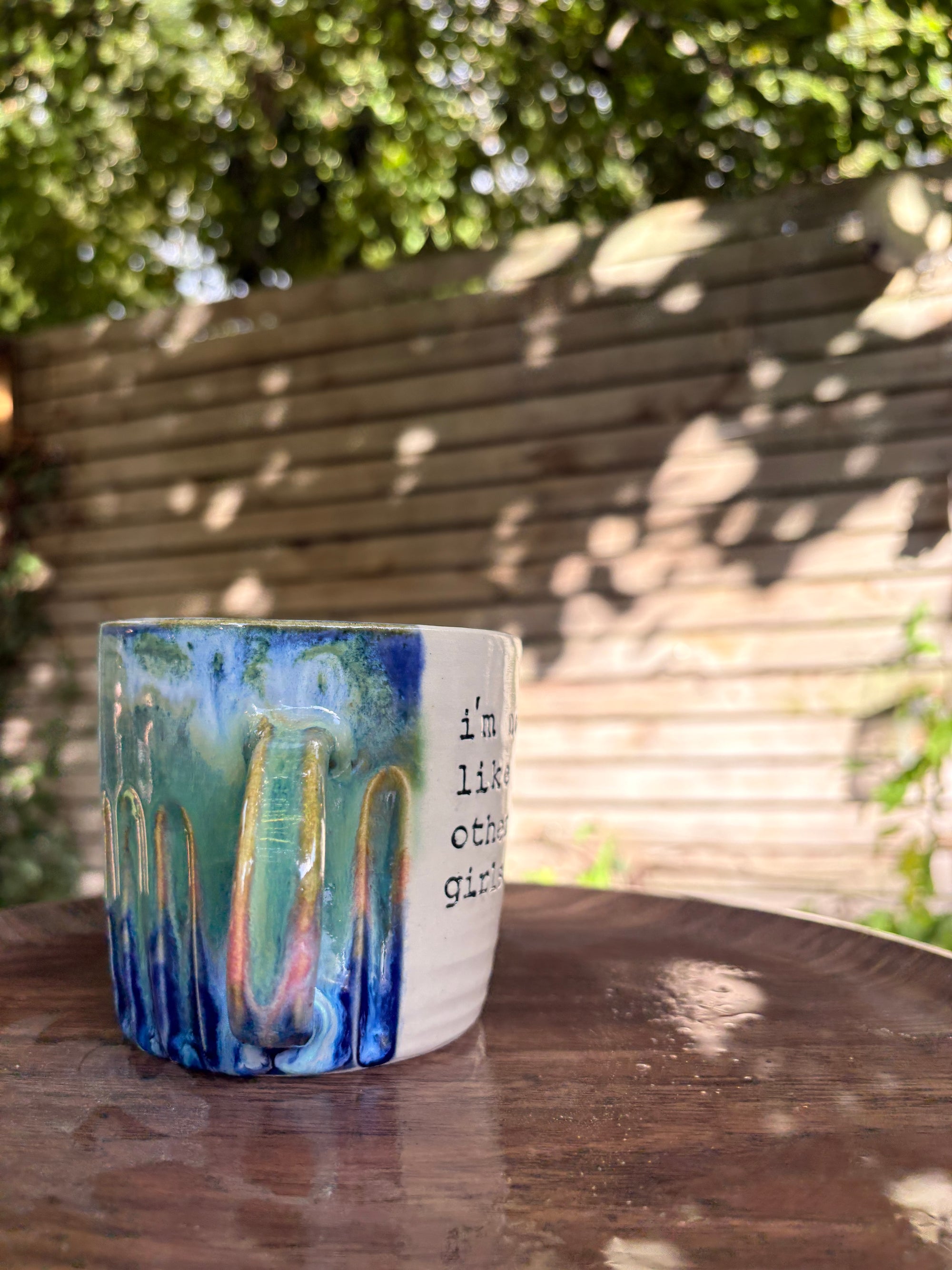 “I’m not like other girls" "I’m so much fucking worse” mug (right hander, greens/blues)
