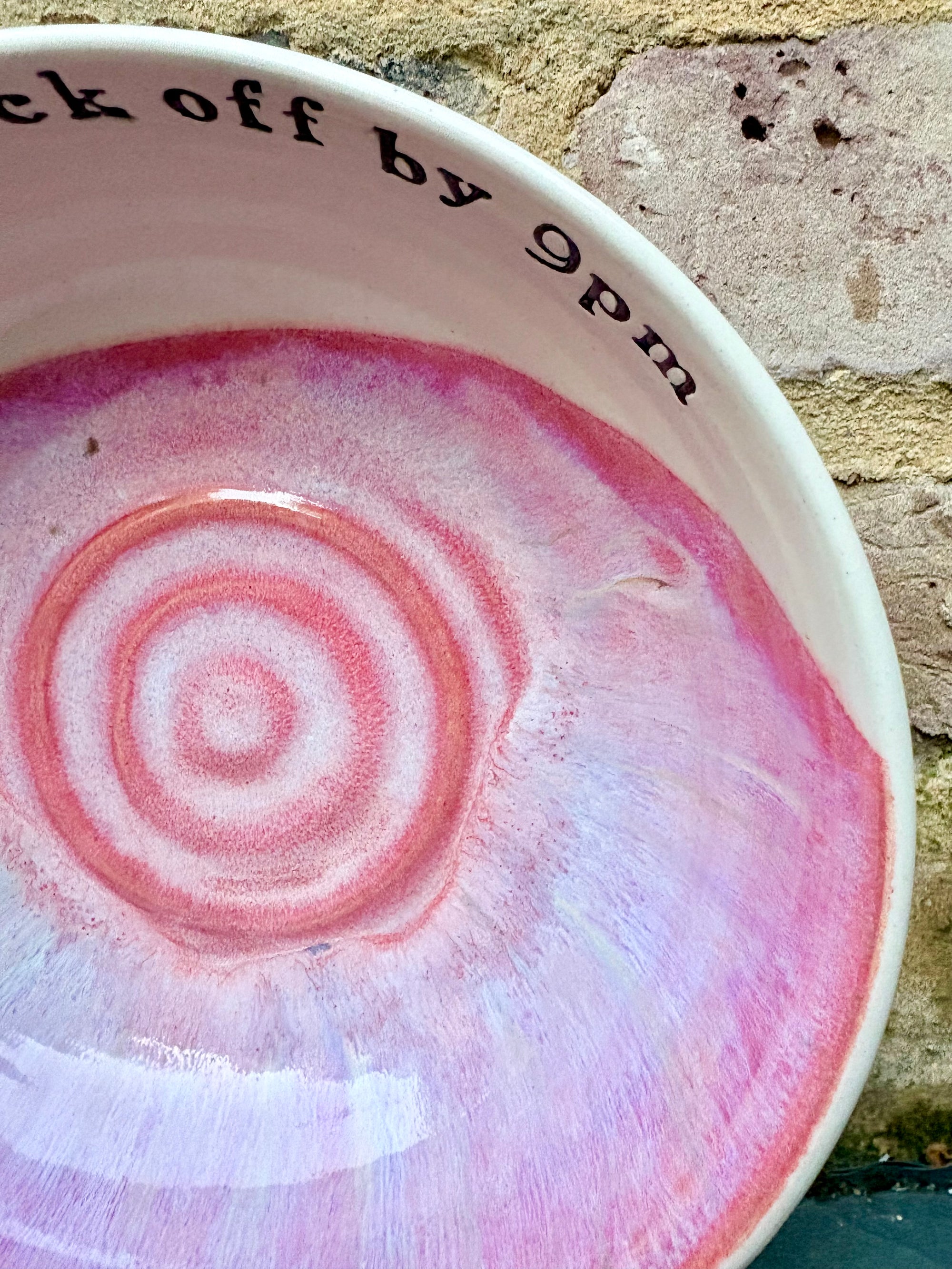 “eat, drink and fuck off by 9pm" round salad/pasta bowl (pink, cream clay)