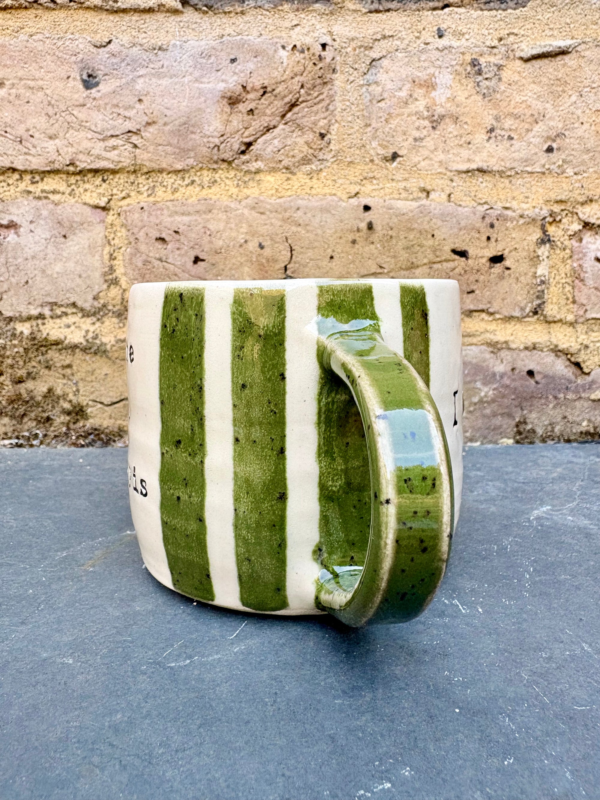 "I 💚 WORK” "everyone in this meeting is a cunt" mug (green stripes)