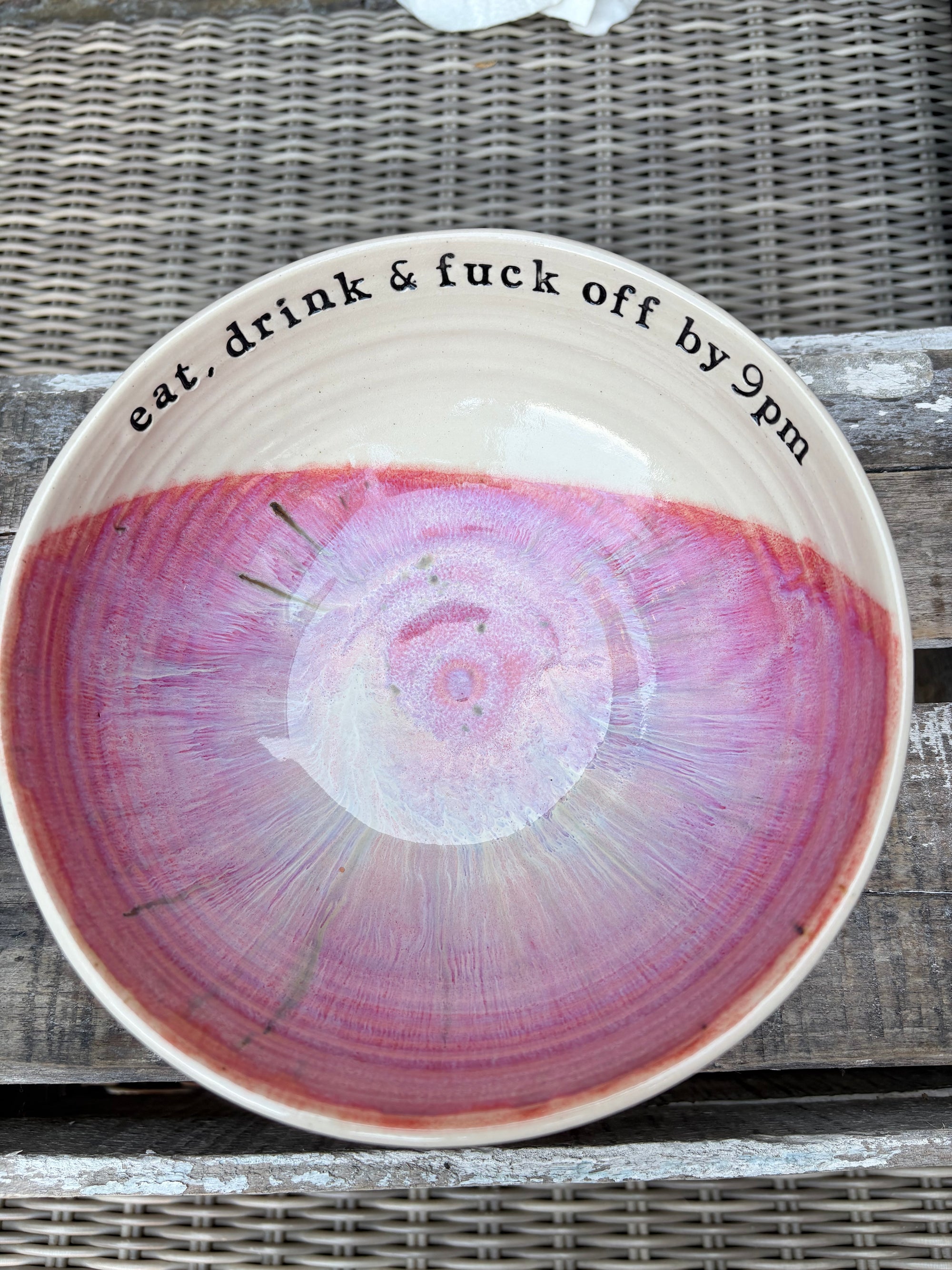 “eat, drink and fuck off by 9pm"  deep round salad/pasta bowl (lilac/pink, cream clay)
