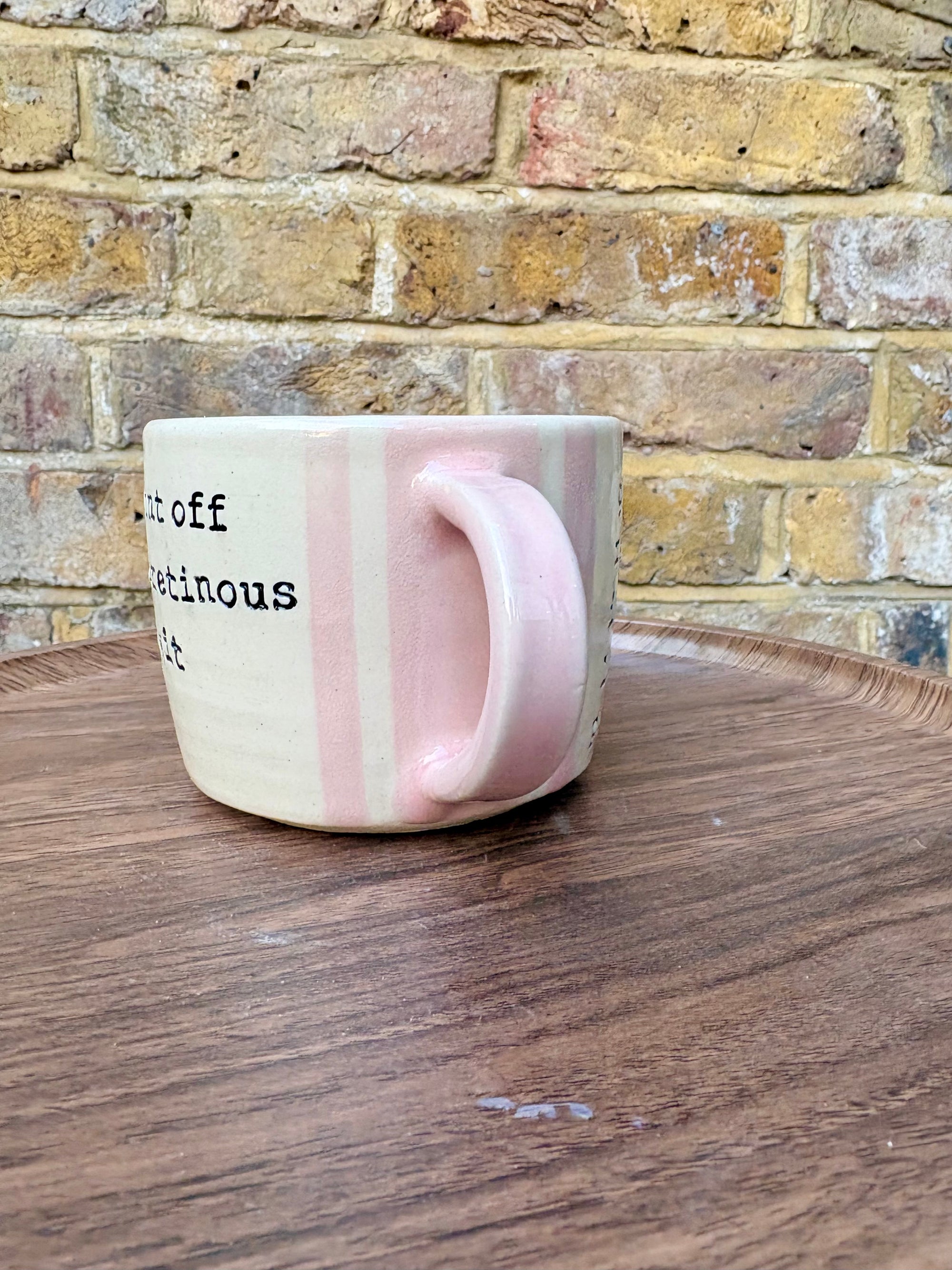 "Gentle reminder: in my luteal phase” "so cunt off you cretinous fuckwit " mug (pink stripe)