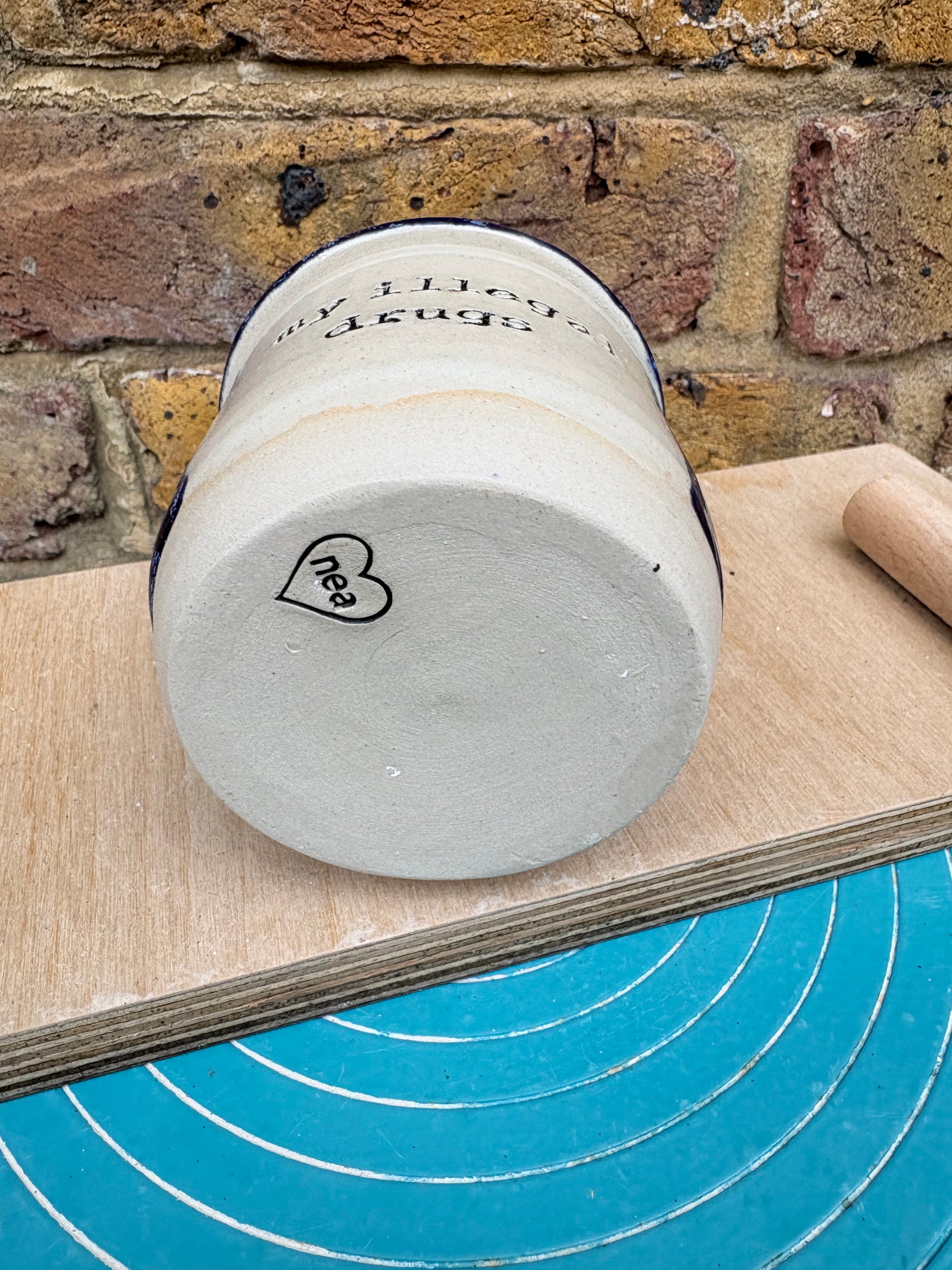 “my illegal drugs" lidded pot (blue night sky)