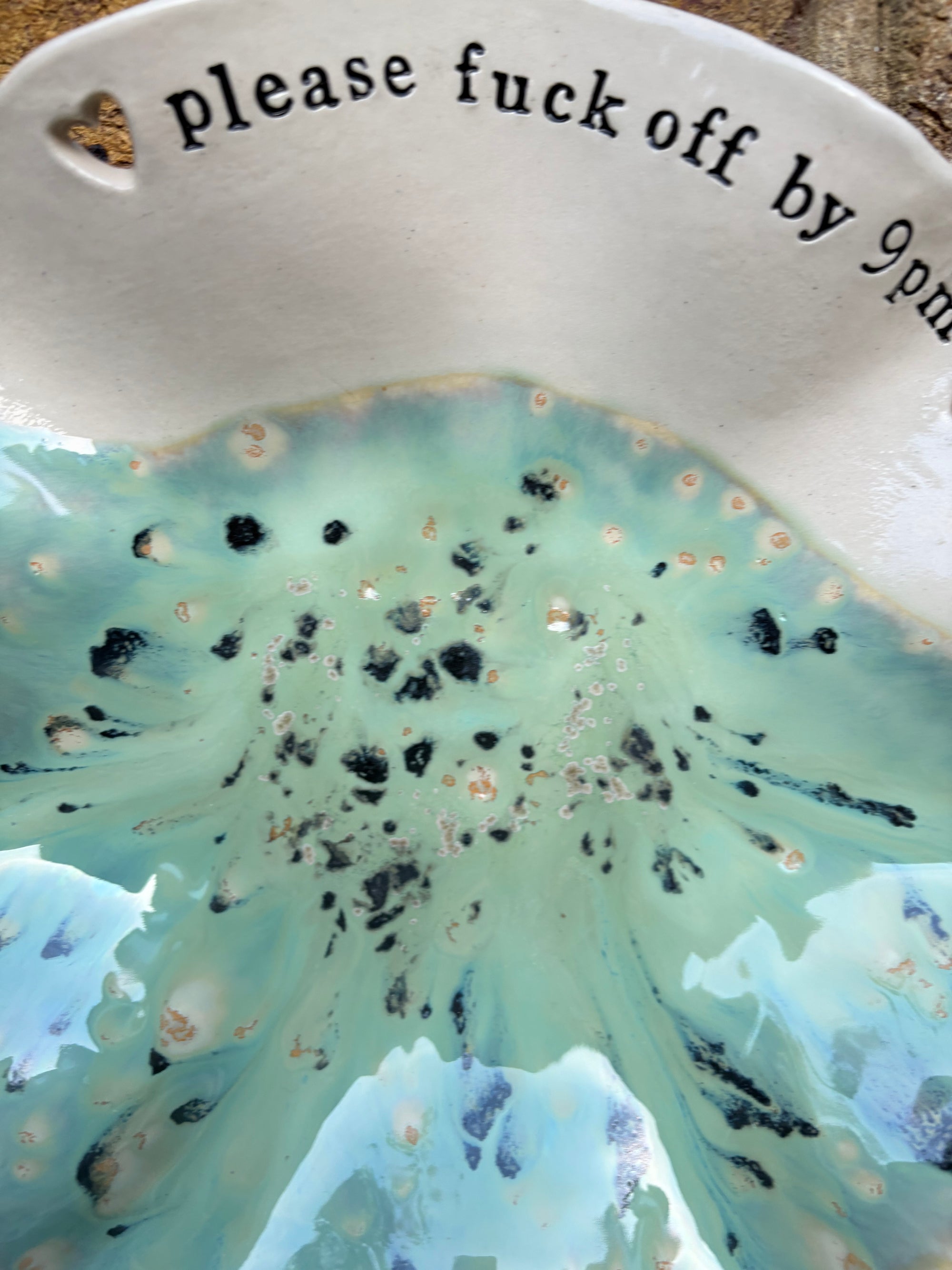 "good food, fine wine, great company..." salad/serving dish (creamy mint green)