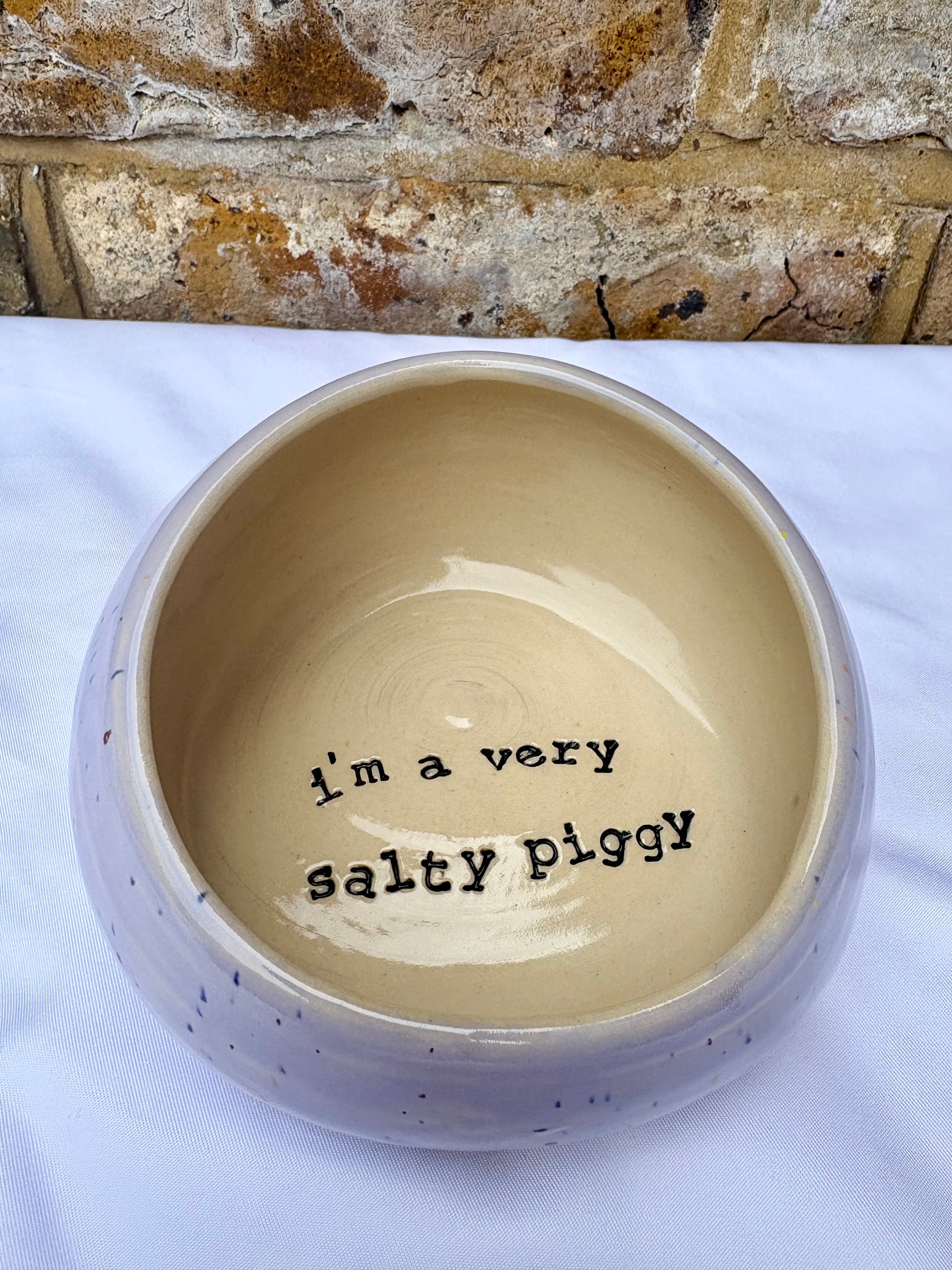 "I'm a very salty piggy" Salt Pig (wheelthrown, lilac speckle glaze)
