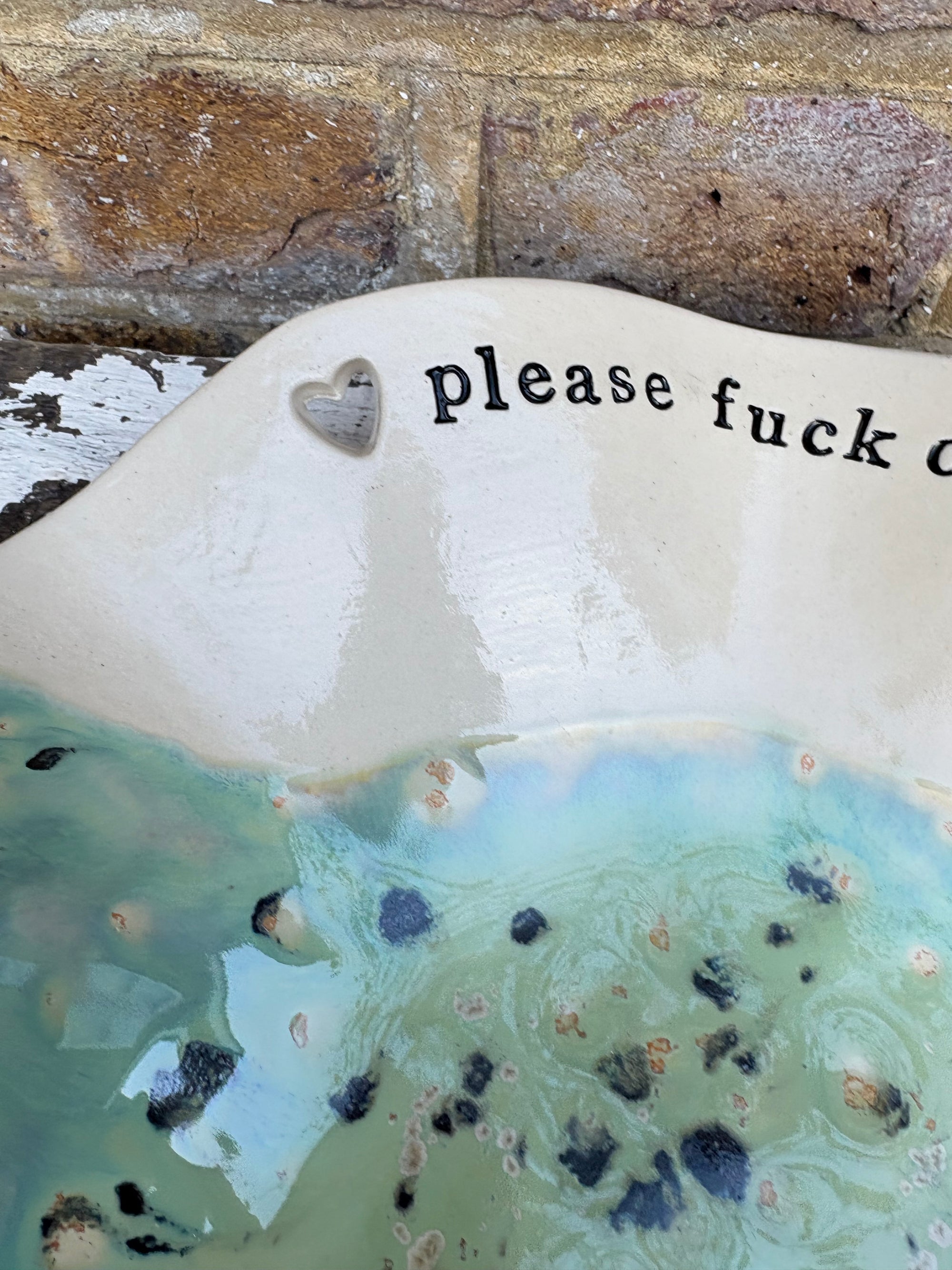 "good food, fine wine, great company..." salad/serving dish (creamy mint green)