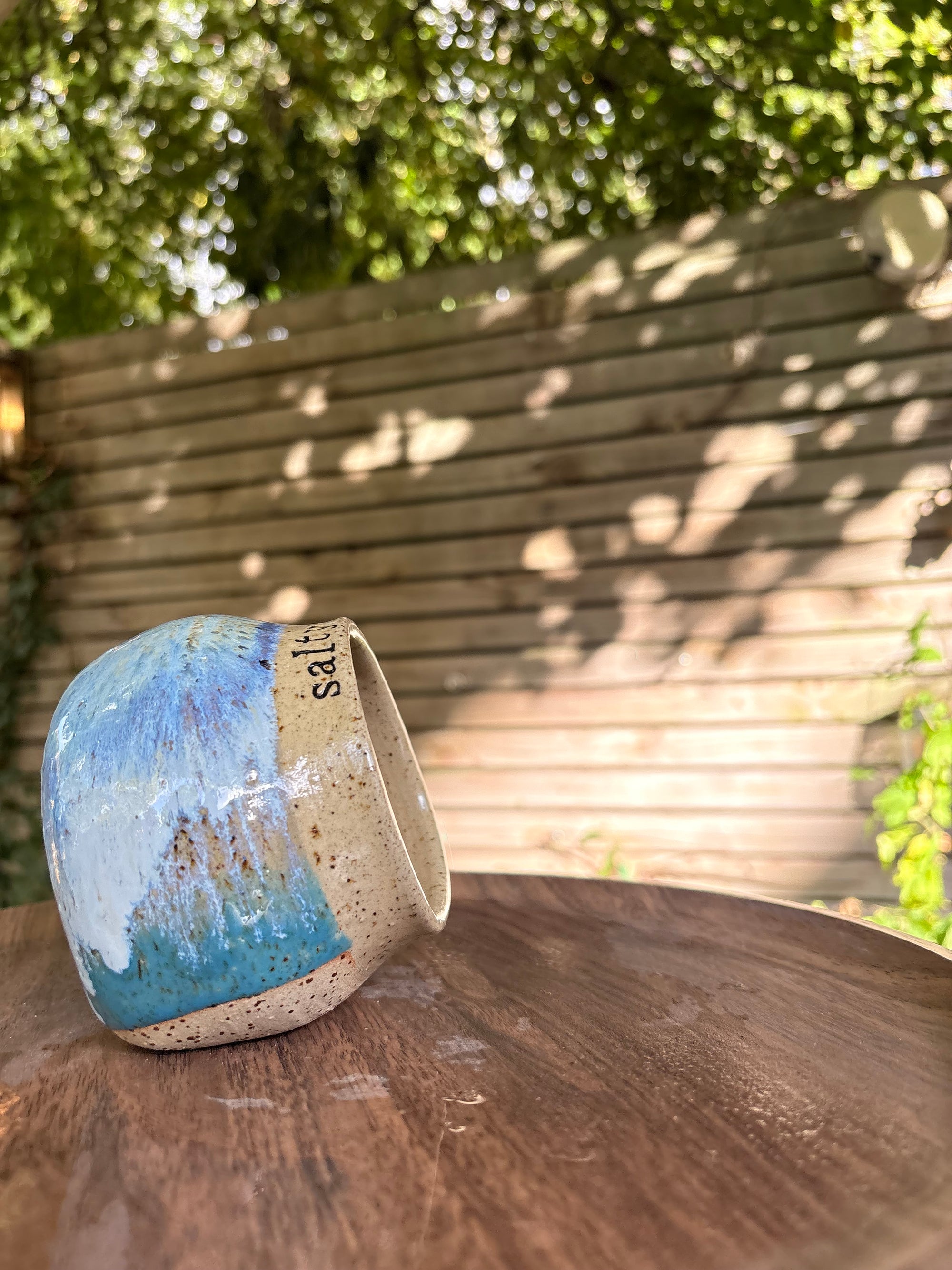 "salty  bitch" salt pig (L, blues, flecked clay)