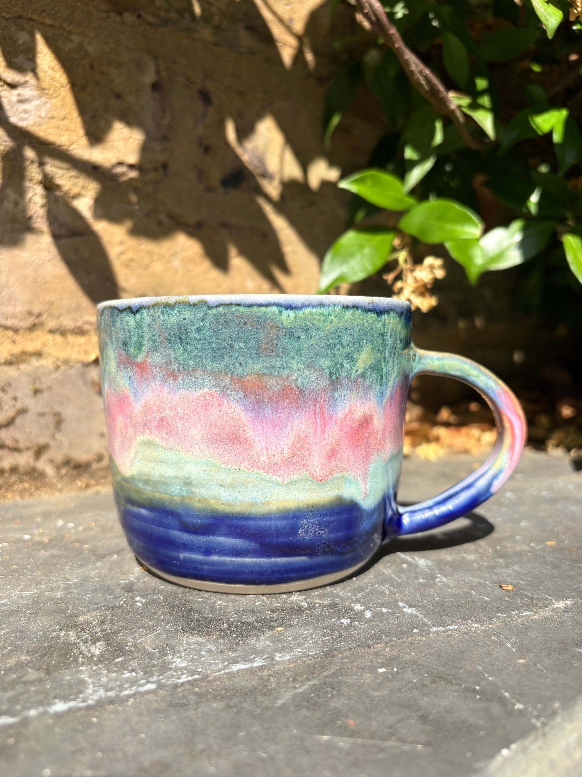 "really happy to be here” "what a bunch of cunts" mug (pink night sky, 375ml)
