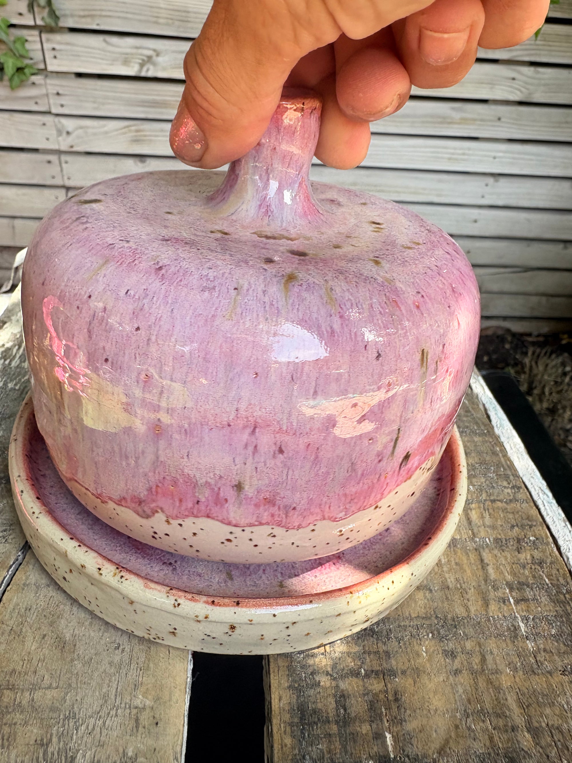 Butter Dish (butter slut, pink wood, flecked clay, knob)