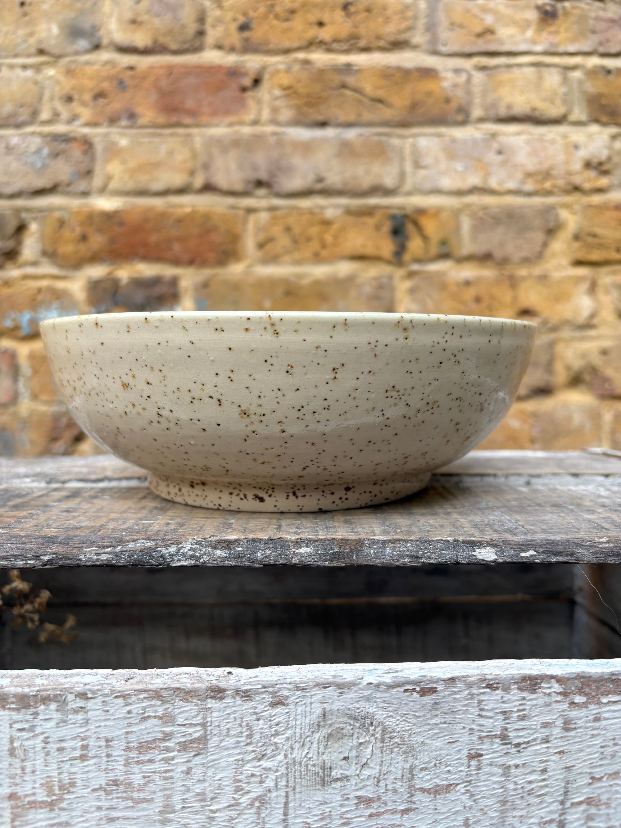 “eat, drink and fuck off by 9pm"  deep round salad/pasta bowl (green, flecked clay)