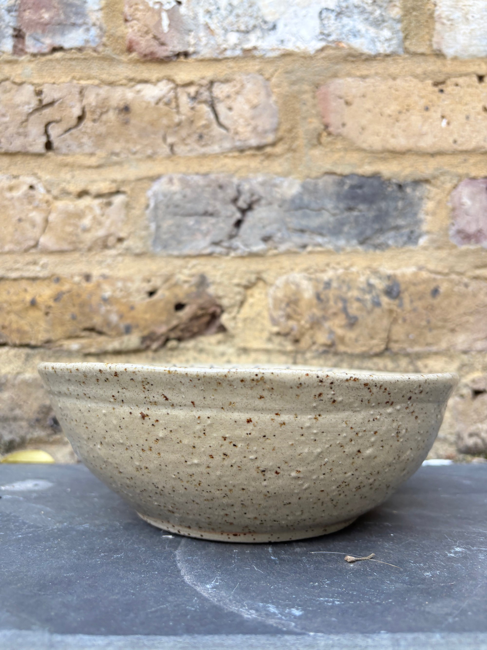 “eat, drink and fuck off by 9pm"  deep round salad/pasta bowl (pink, dark flecked clay)