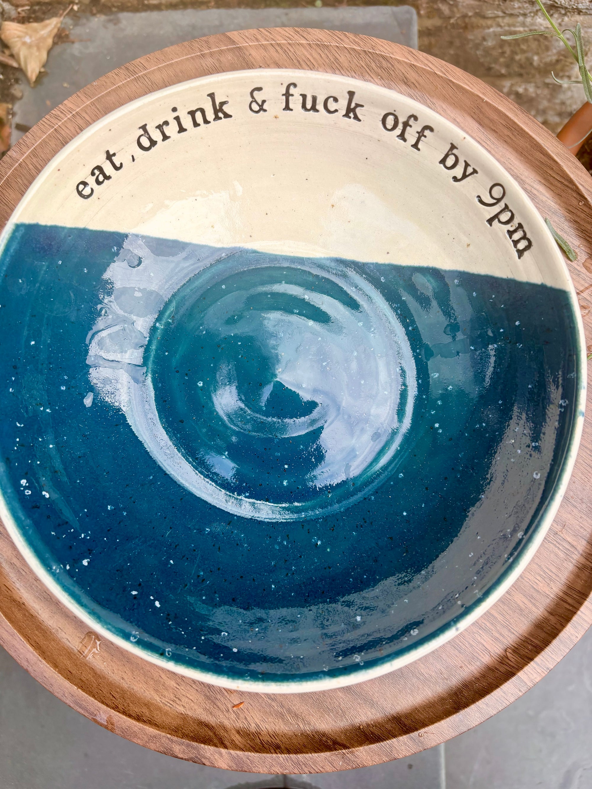 “eat, drink and fuck off by 9pm" round cereal/pasta bowl (sea green speckle, cream clay)