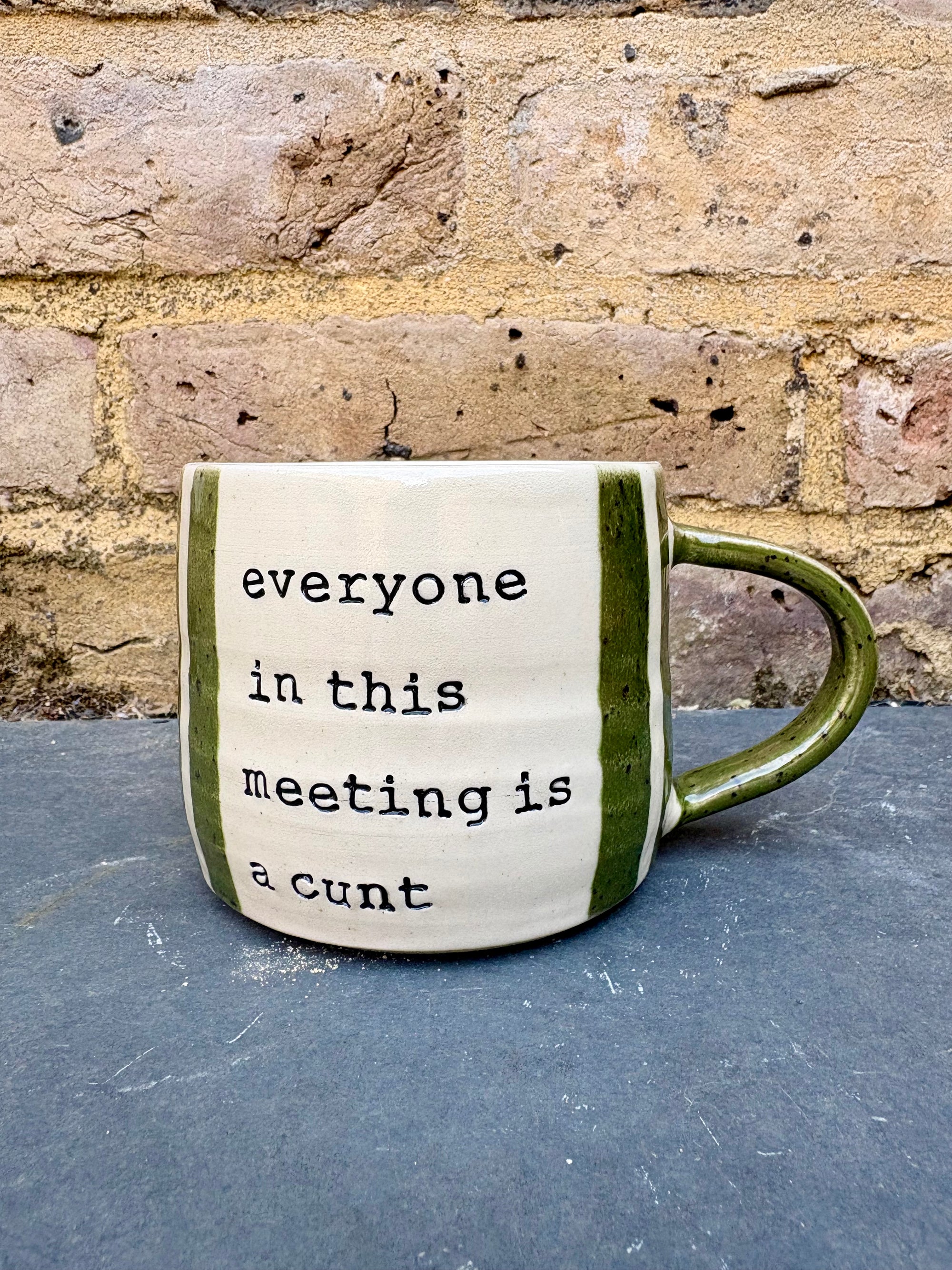 "I 💚 WORK” "everyone in this meeting is a cunt" mug (green stripes)