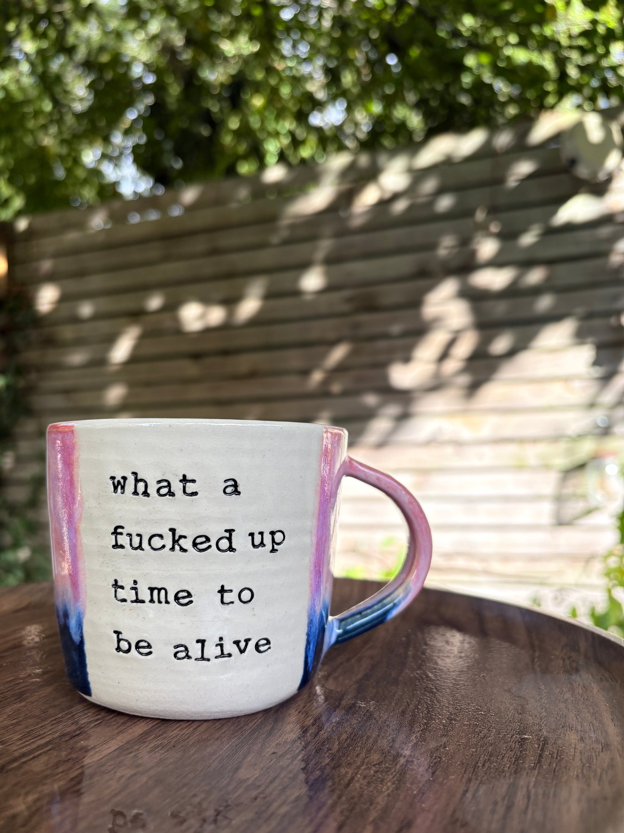 "what a fucked up time to be alive" mug (Pink/blue)