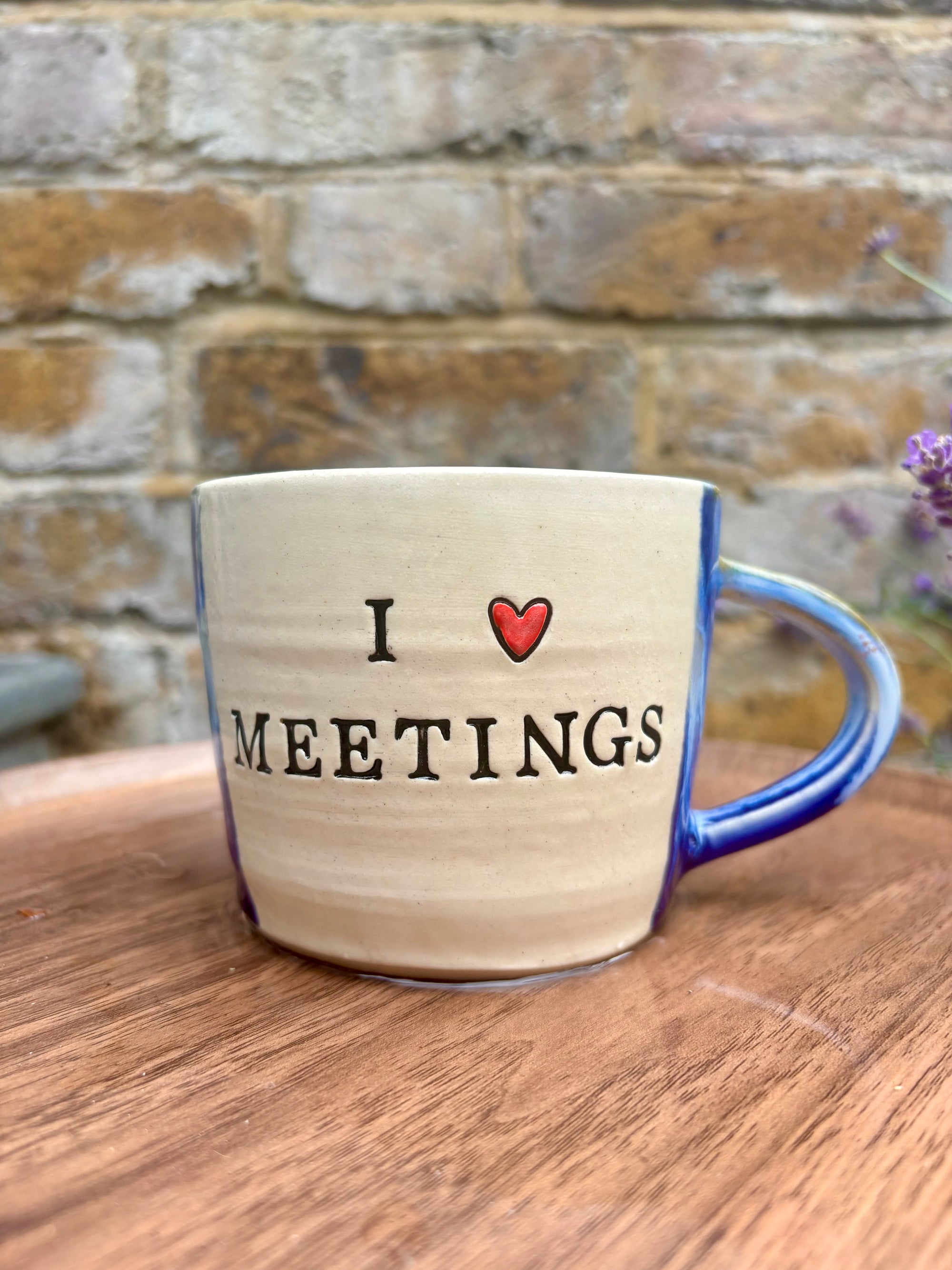 "I 🩷 meetings” "everyone in this meeting is a wanker" mug (blues, left)