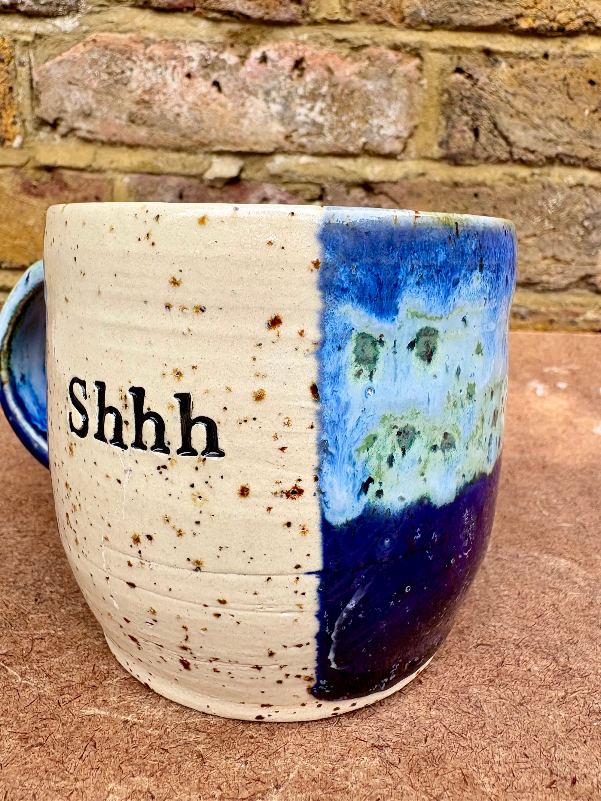 "shhh" mug (Blue and Green Speckle)