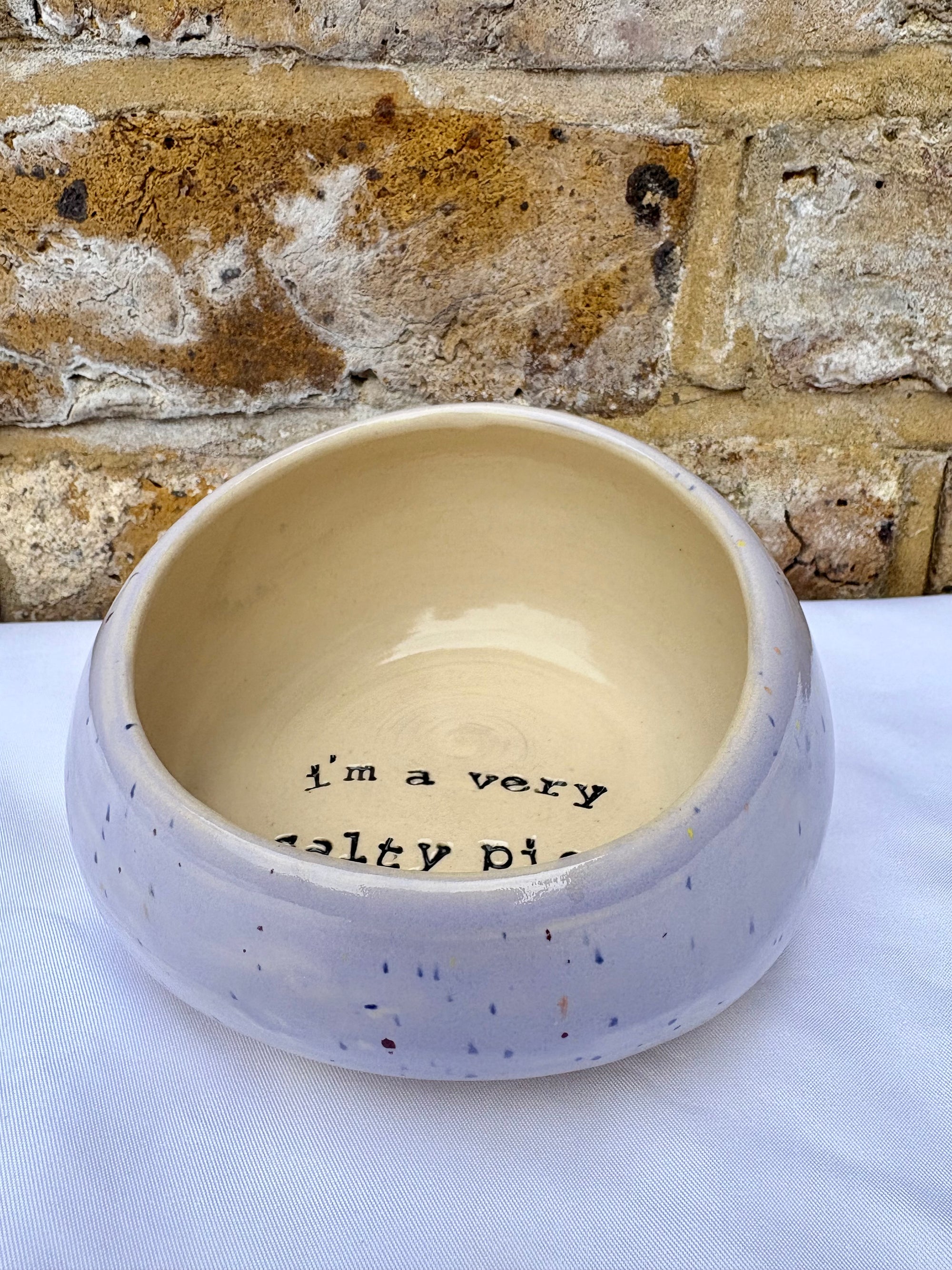 "I'm a very salty piggy" Salt Pig (wheelthrown, lilac speckle glaze)