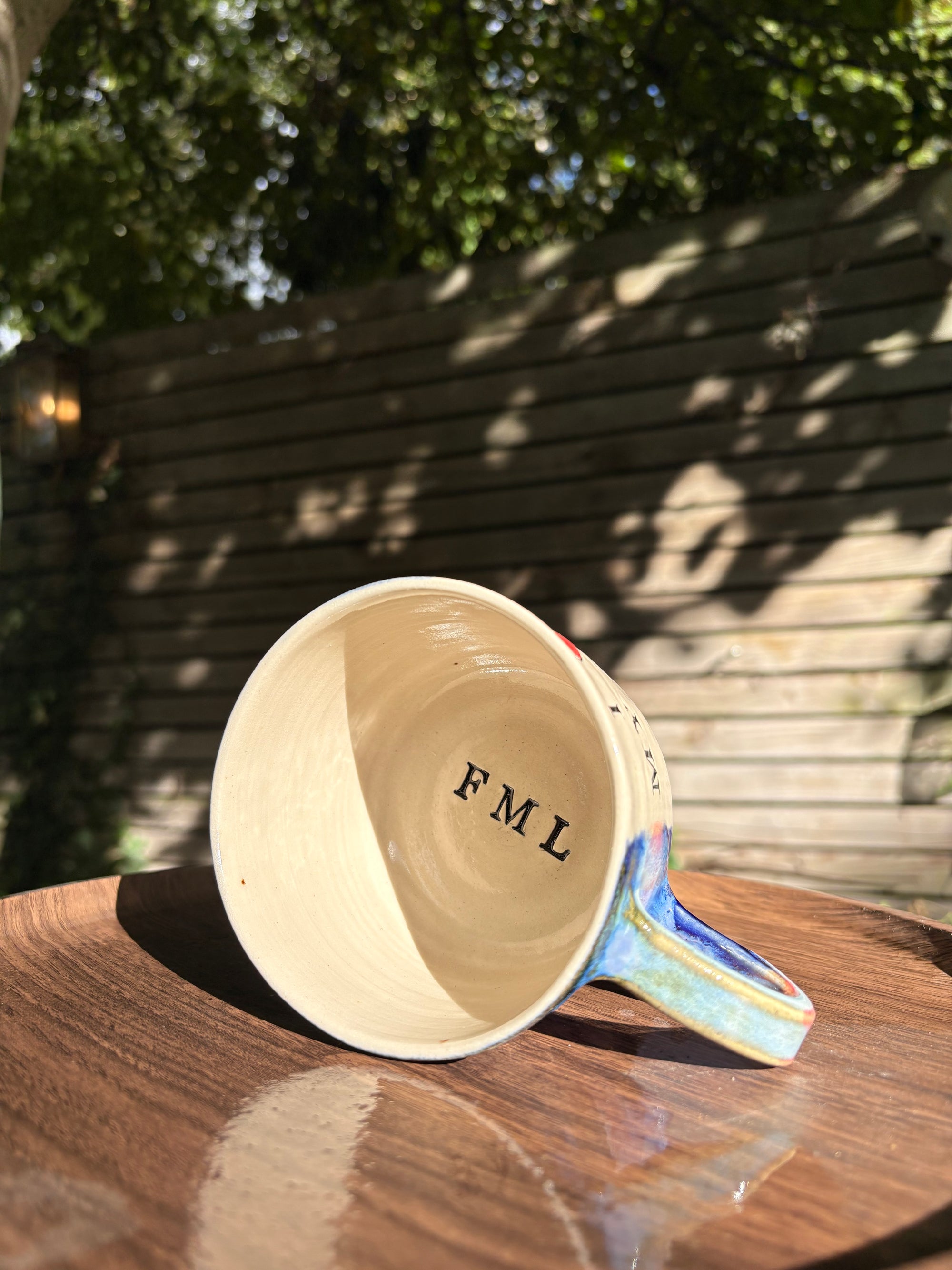 "I 🩷 my job” "FML" mug (Blue Night Sky, 260ml, right hander)