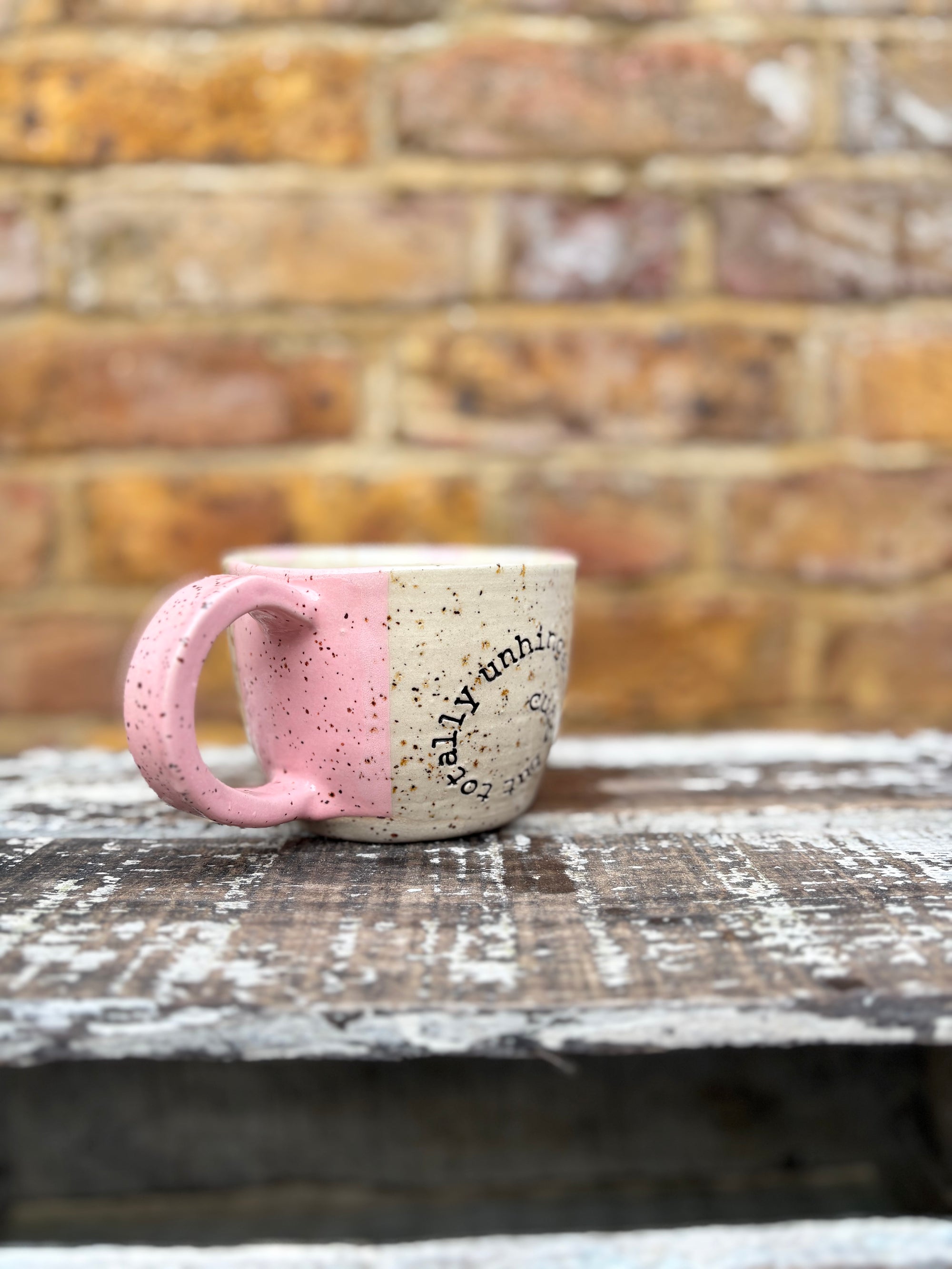 "cute but totally unhinged" mug (pink/white stripe)