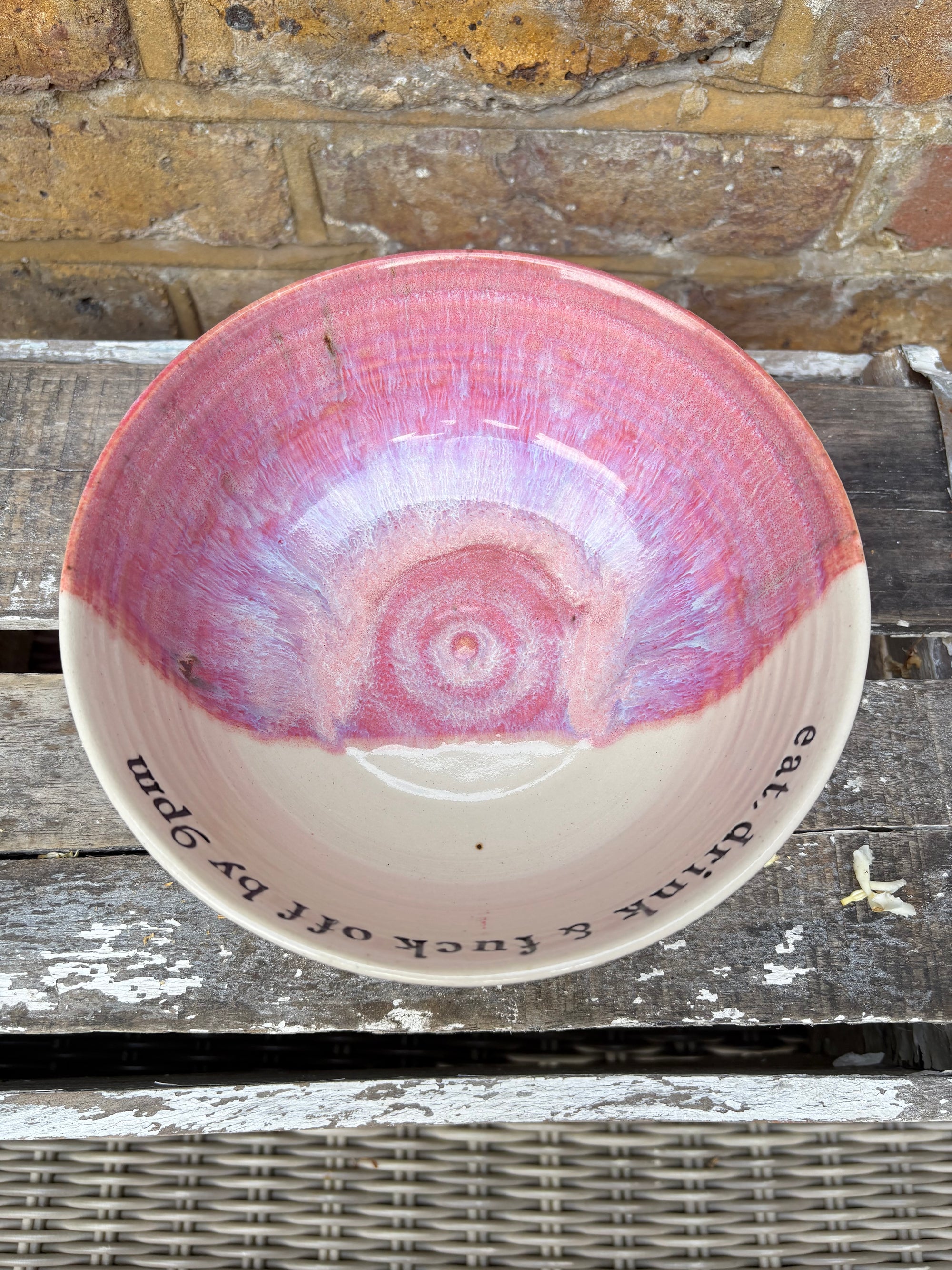 “eat, drink and fuck off by 9pm"  deep round salad/pasta bowl (pink/white, cream clay)