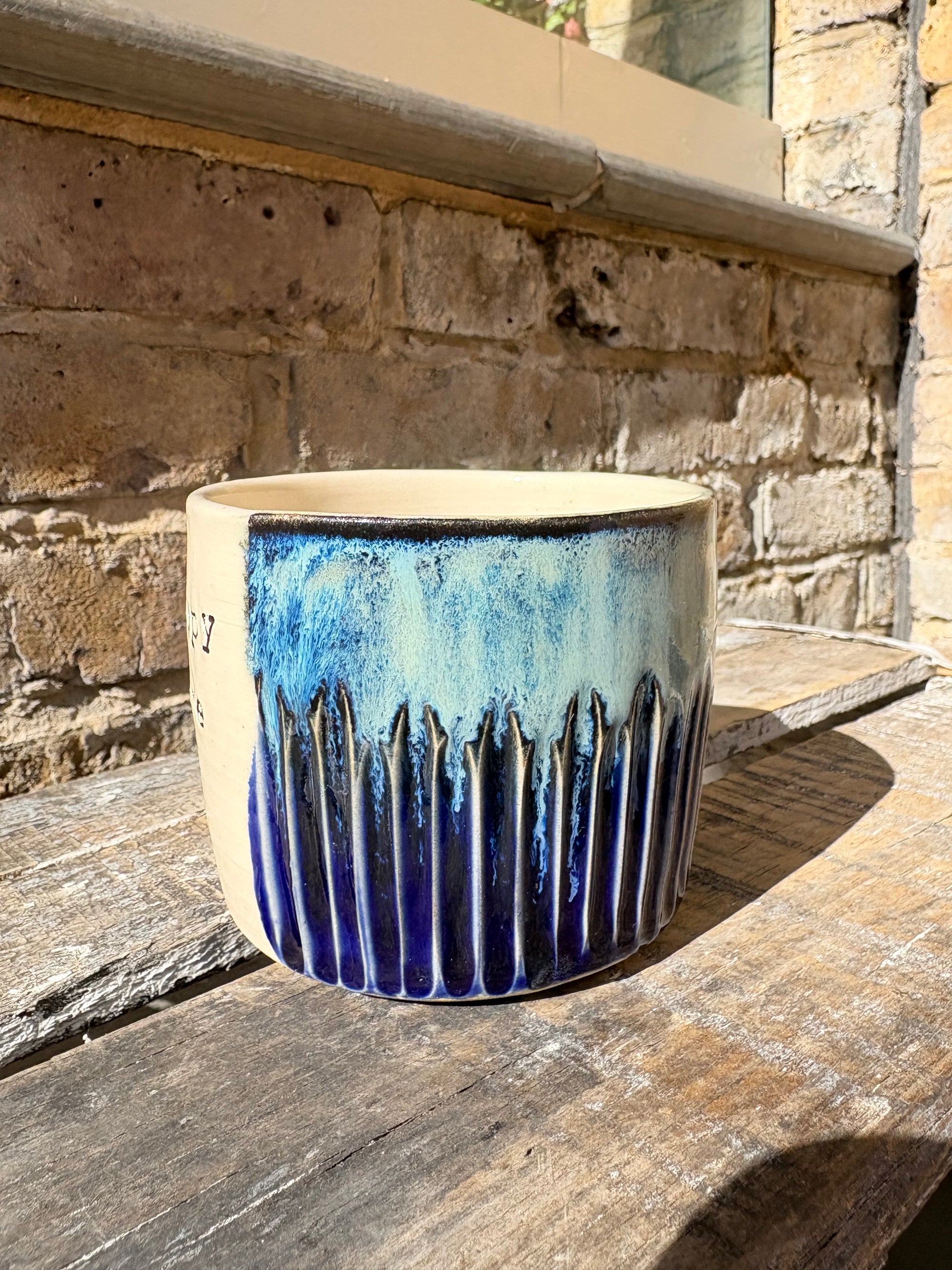 "really happy to be here” "what a bunch of cunts" mug (medium, blue shore)