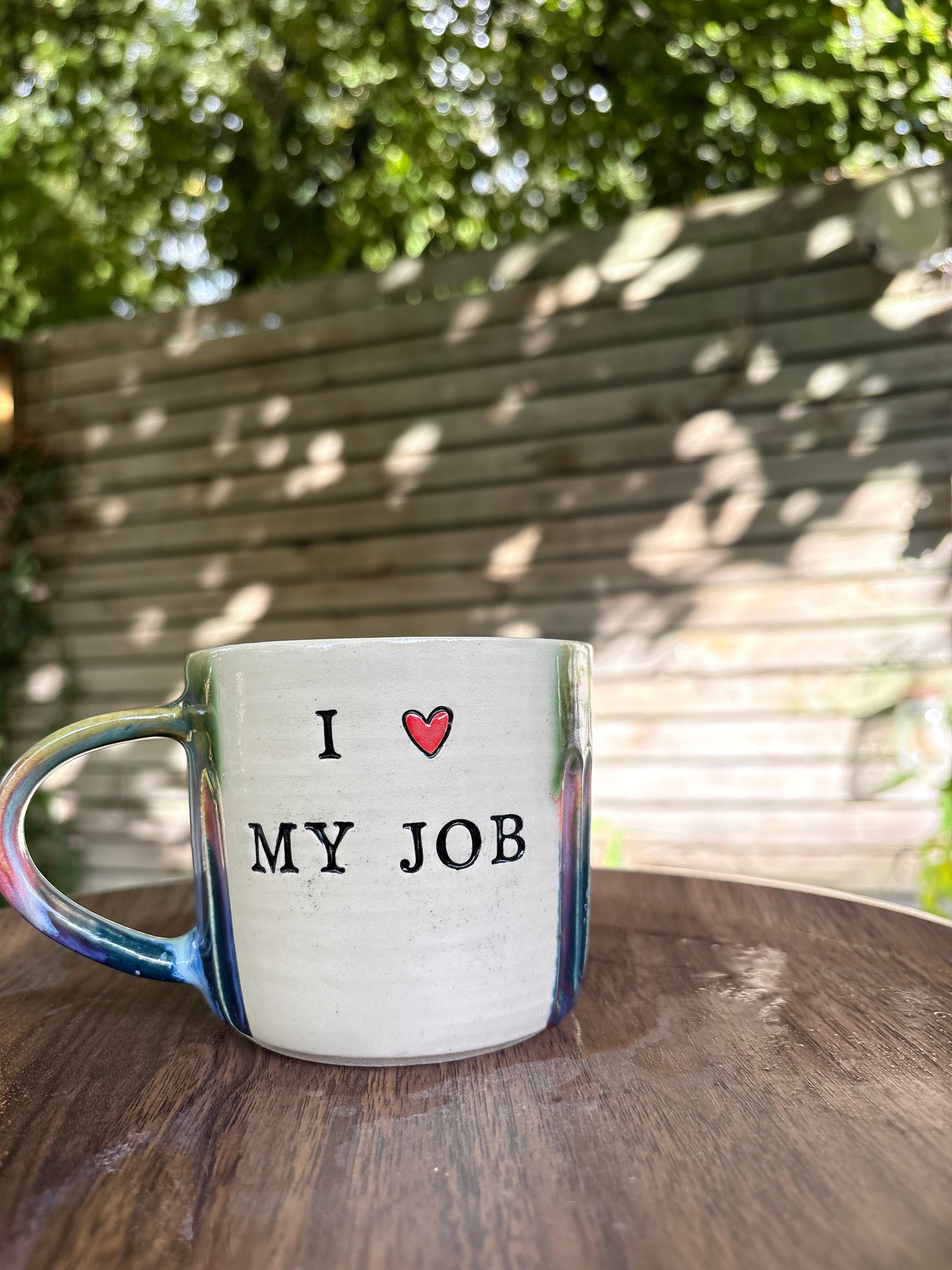 "I 🩷 my job” "FML" mug (green/pink/blue, right hander)