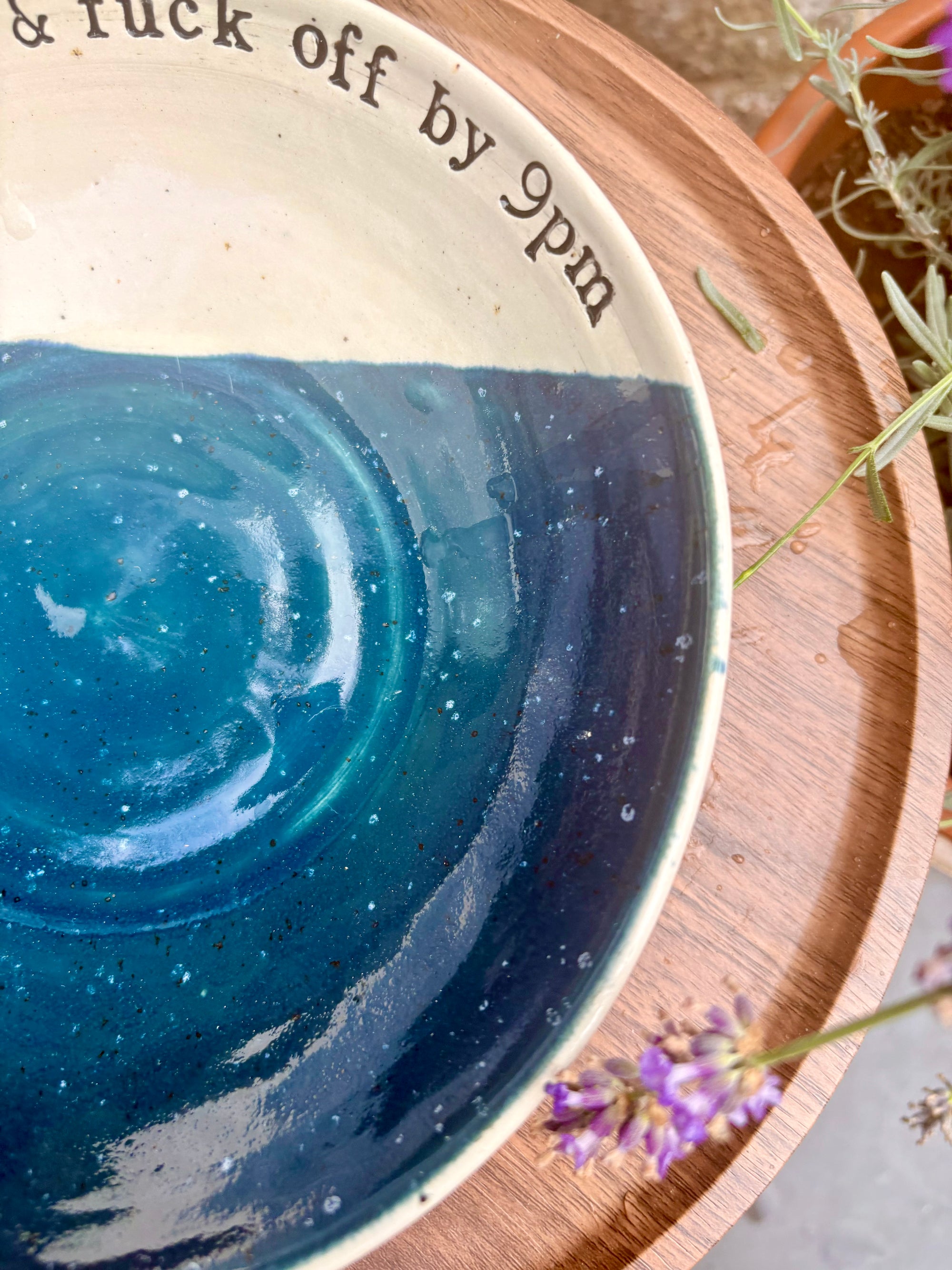 “eat, drink and fuck off by 9pm" round cereal/pasta bowl (sea green speckle, cream clay)