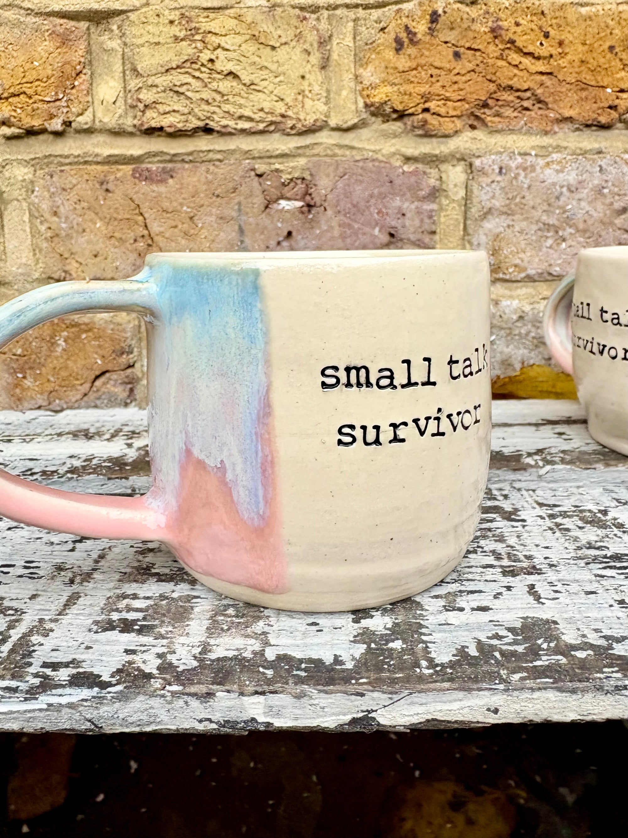 Small Talk Survivor mug (pinks and blue)