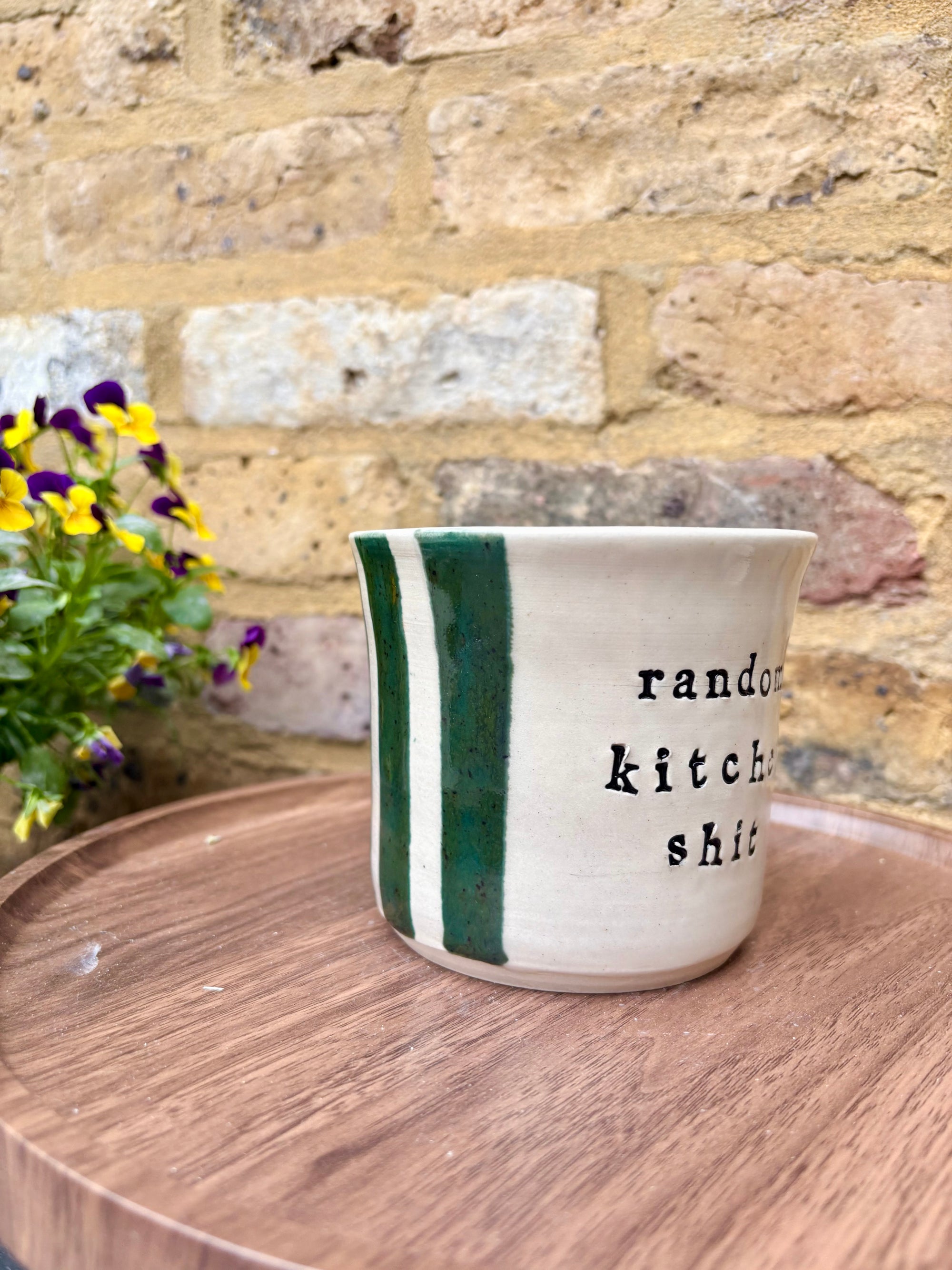 "random kitchen shit" utensil holder (green stripe)