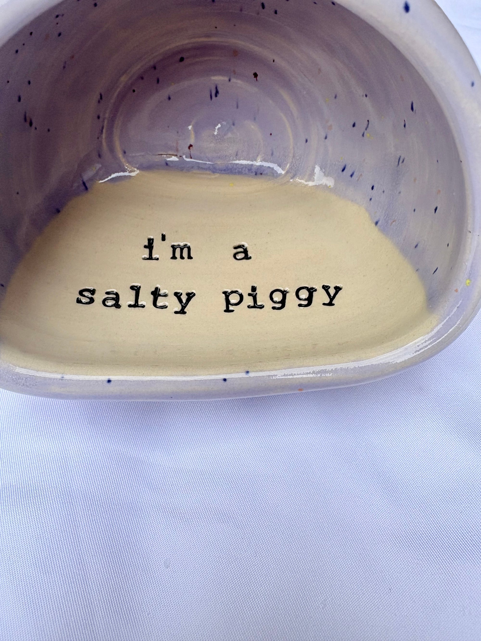 "I'm a salty piggy" Salt Pig (wheelthrown, lilac speckle glaze)