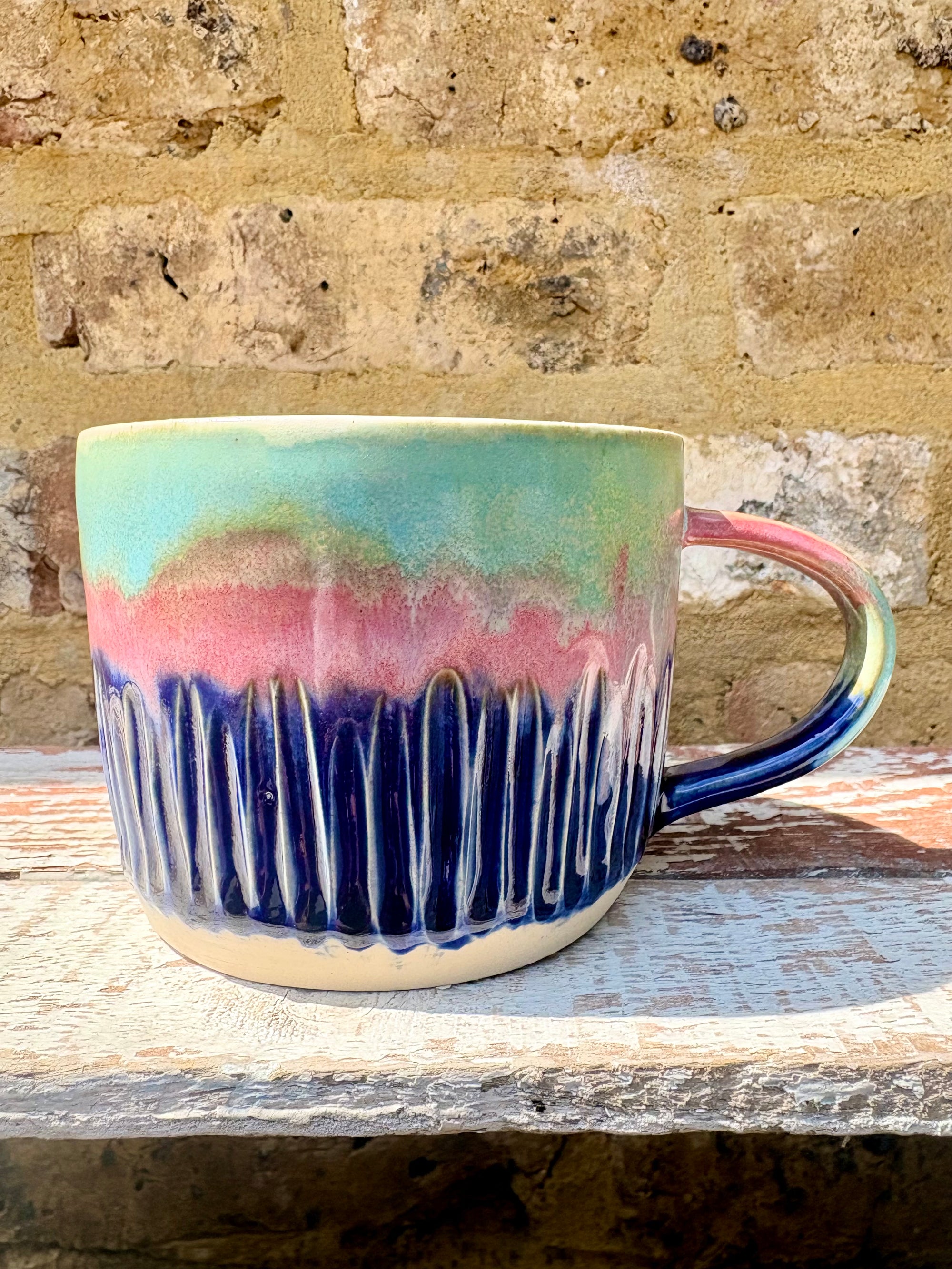XL "really happy to be here” "what a bunch of cunts" mug (pink night sky, grooves)