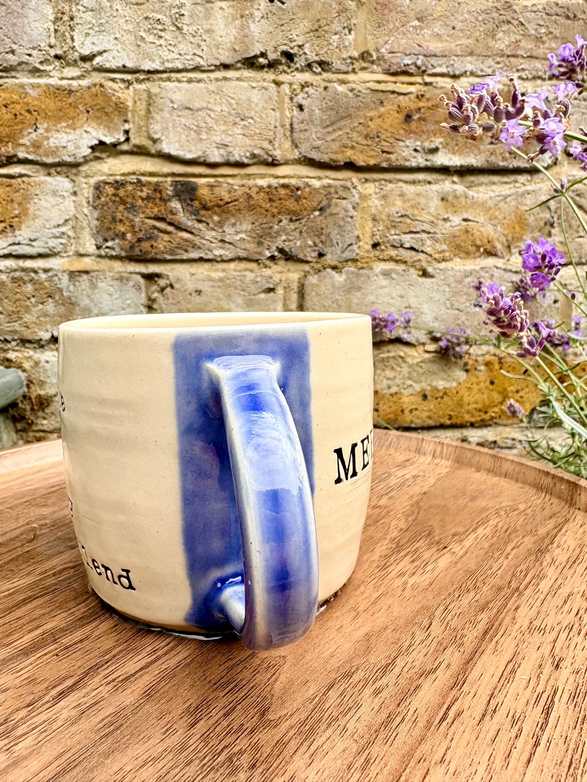 "I 🩷 meetings” "everyone in this meeting is a bellend" mug (faded blue stripe)