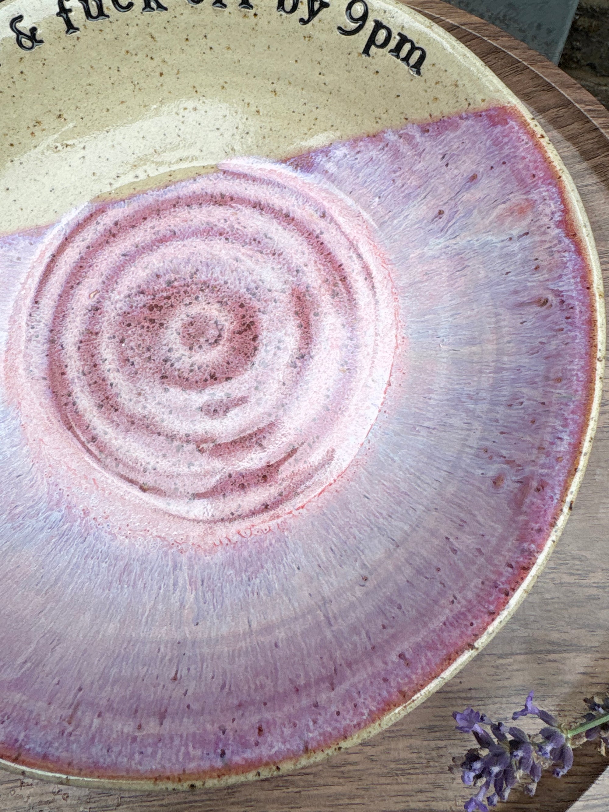 “eat, drink and fuck off by 9pm"  deep round salad/pasta bowl (pink, dark flecked clay)