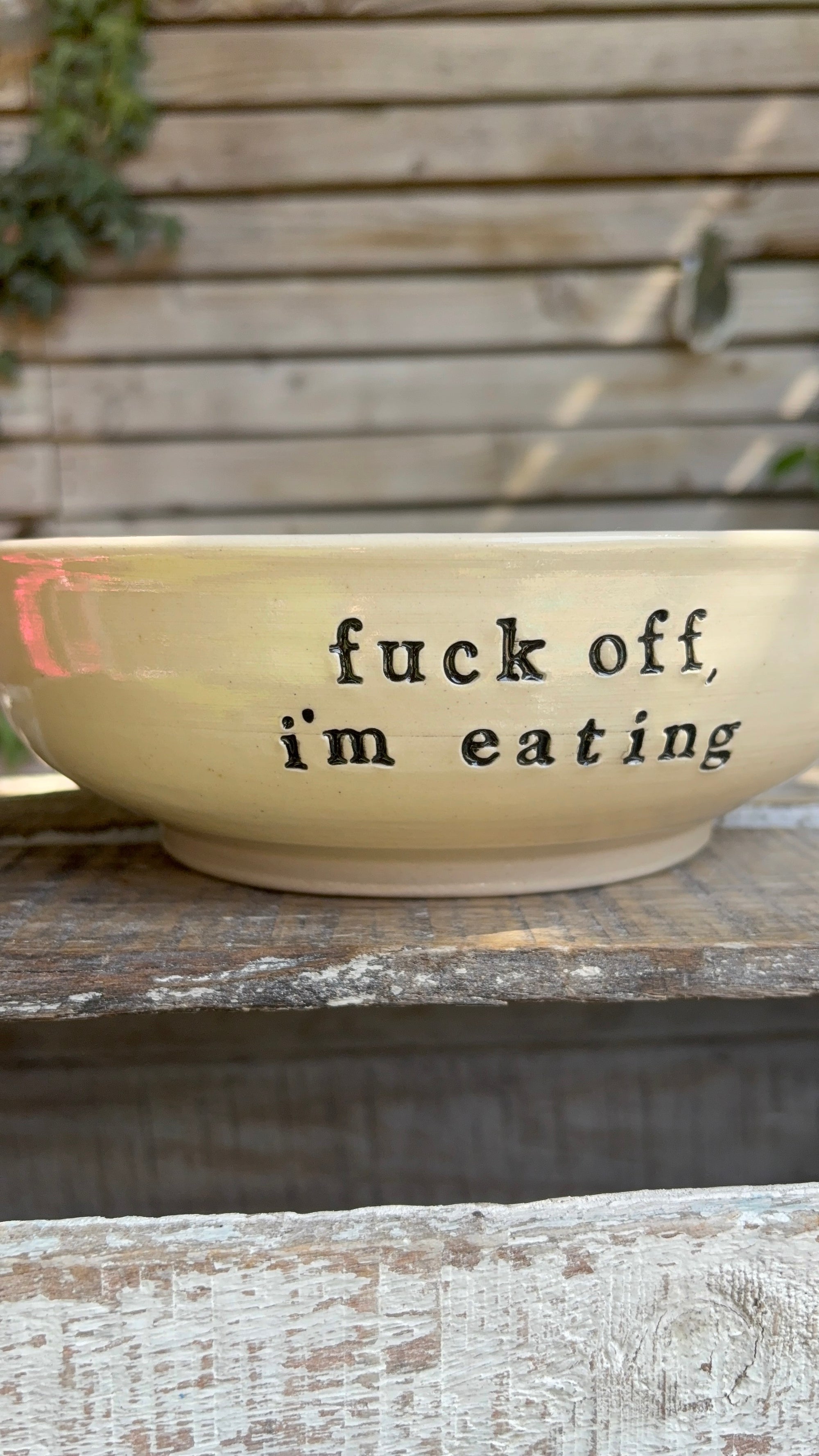 “fuck off i'm eating"  round salad/pasta bowl (pastels, cream clay)