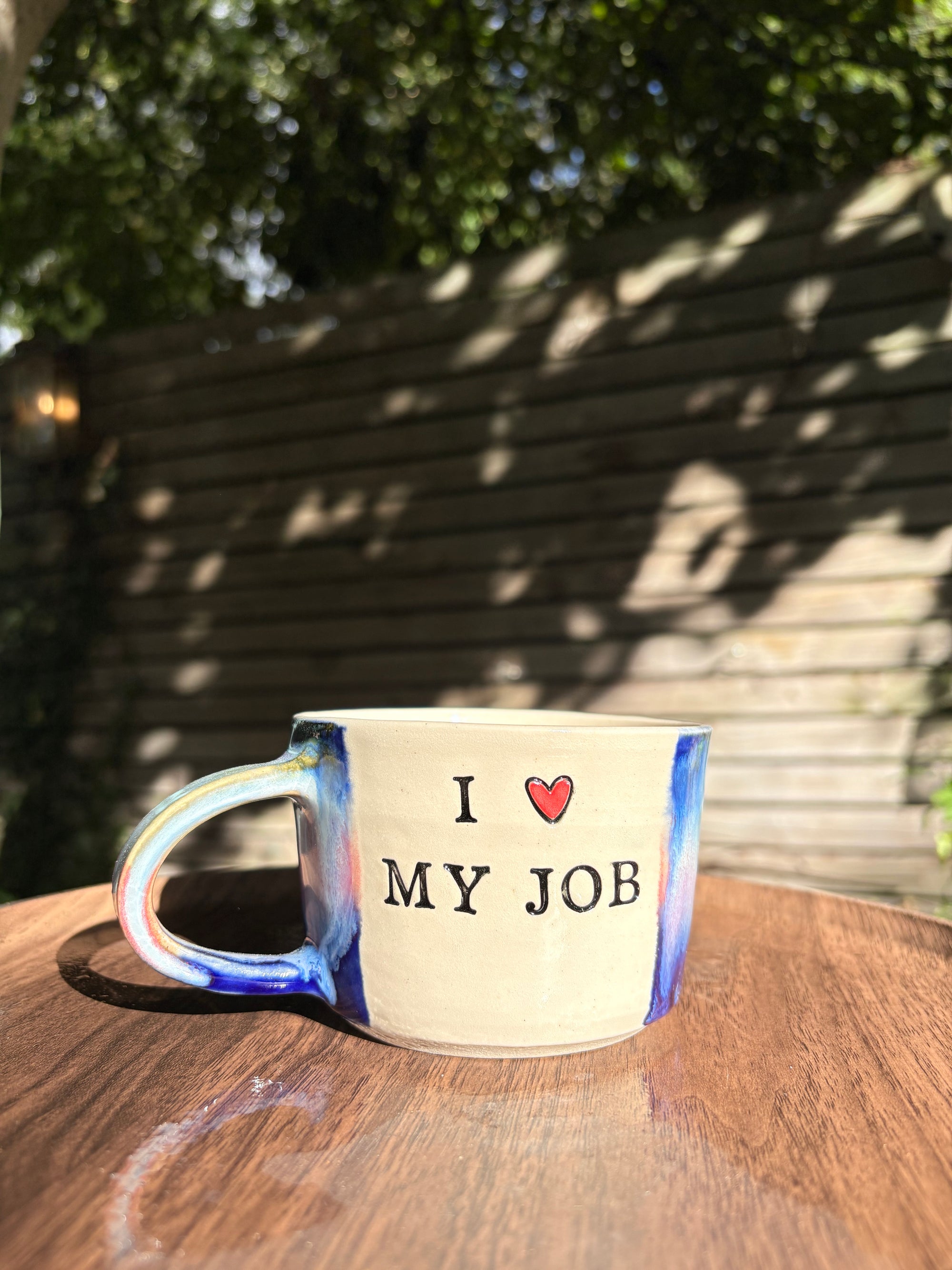 "I 🩷 my job” "FML" mug (Blue Night Sky, 260ml, right hander)