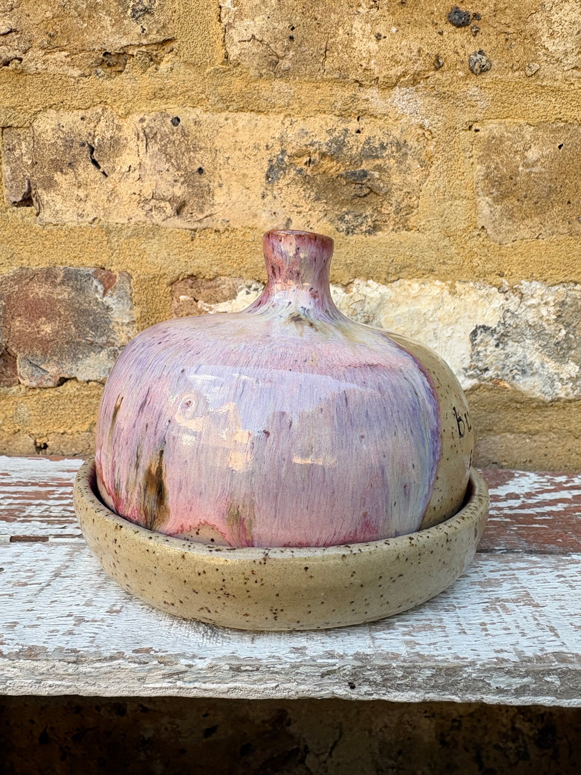 Butter Dish (butter slut, pink wood, flecked clay, knob)