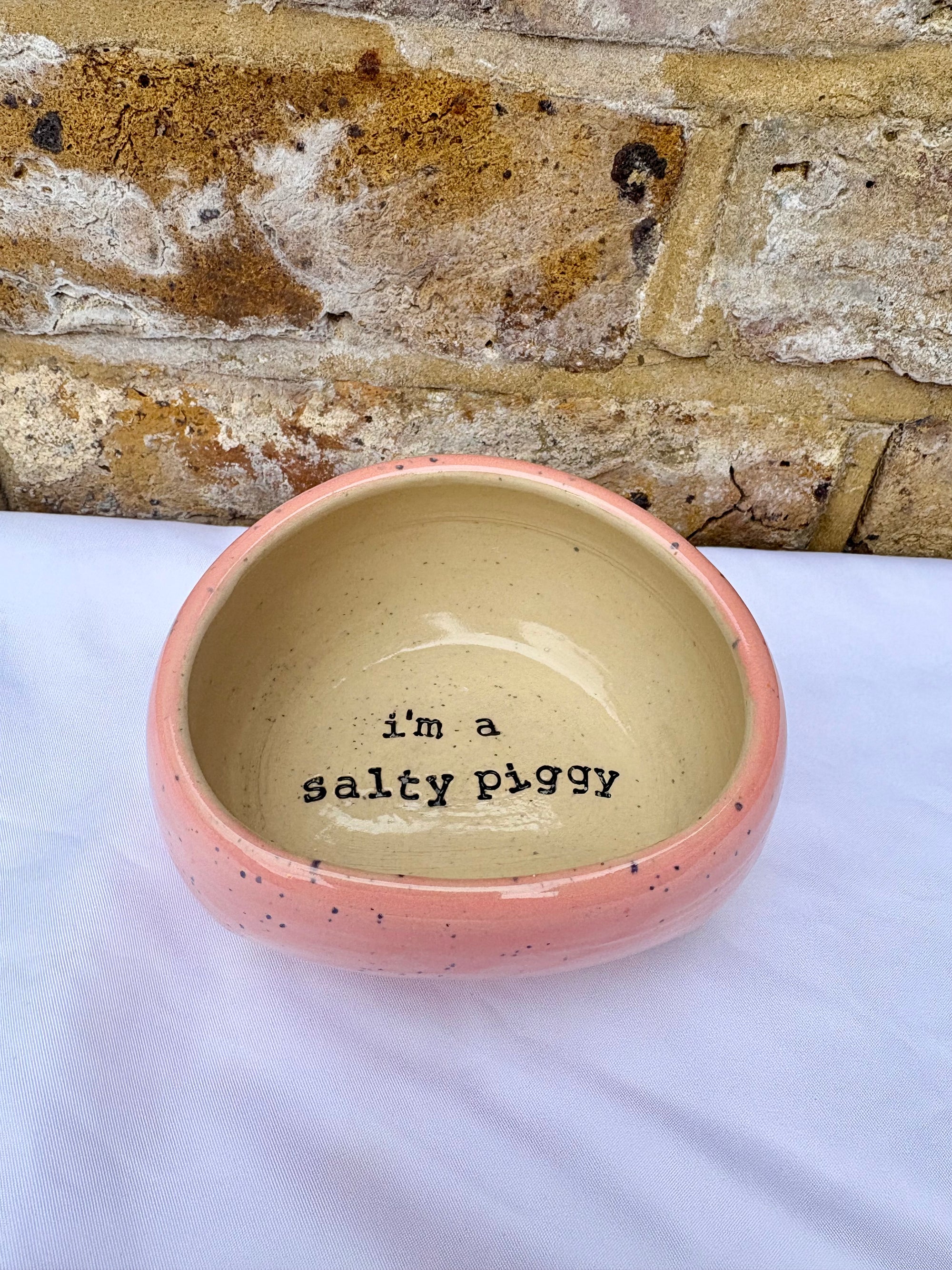 "I'm a salty piggy" Salt Pig (wheelthrown, pink speckle glaze)