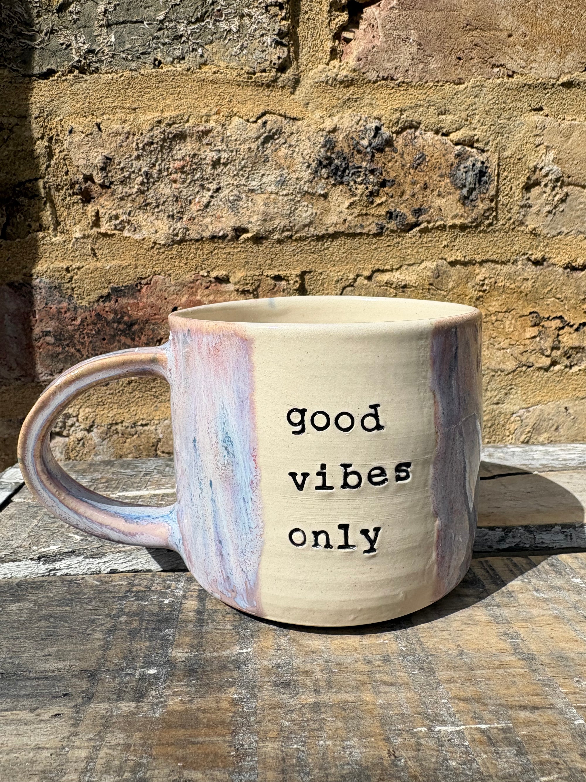 “good vibes only" "fuck off" mug (lilac)