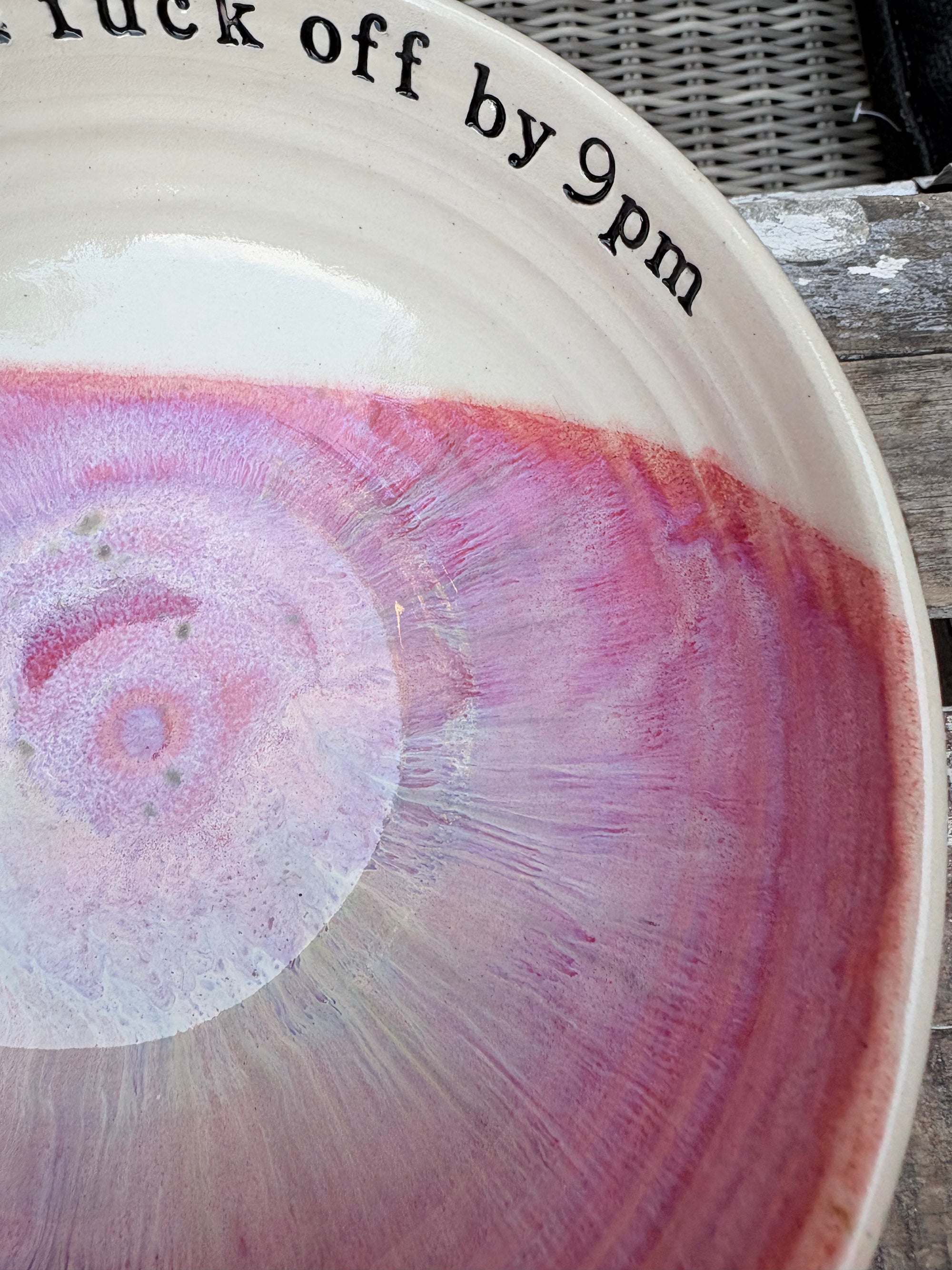 “eat, drink and fuck off by 9pm"  deep round salad/pasta bowl (lilac/pink, cream clay)
