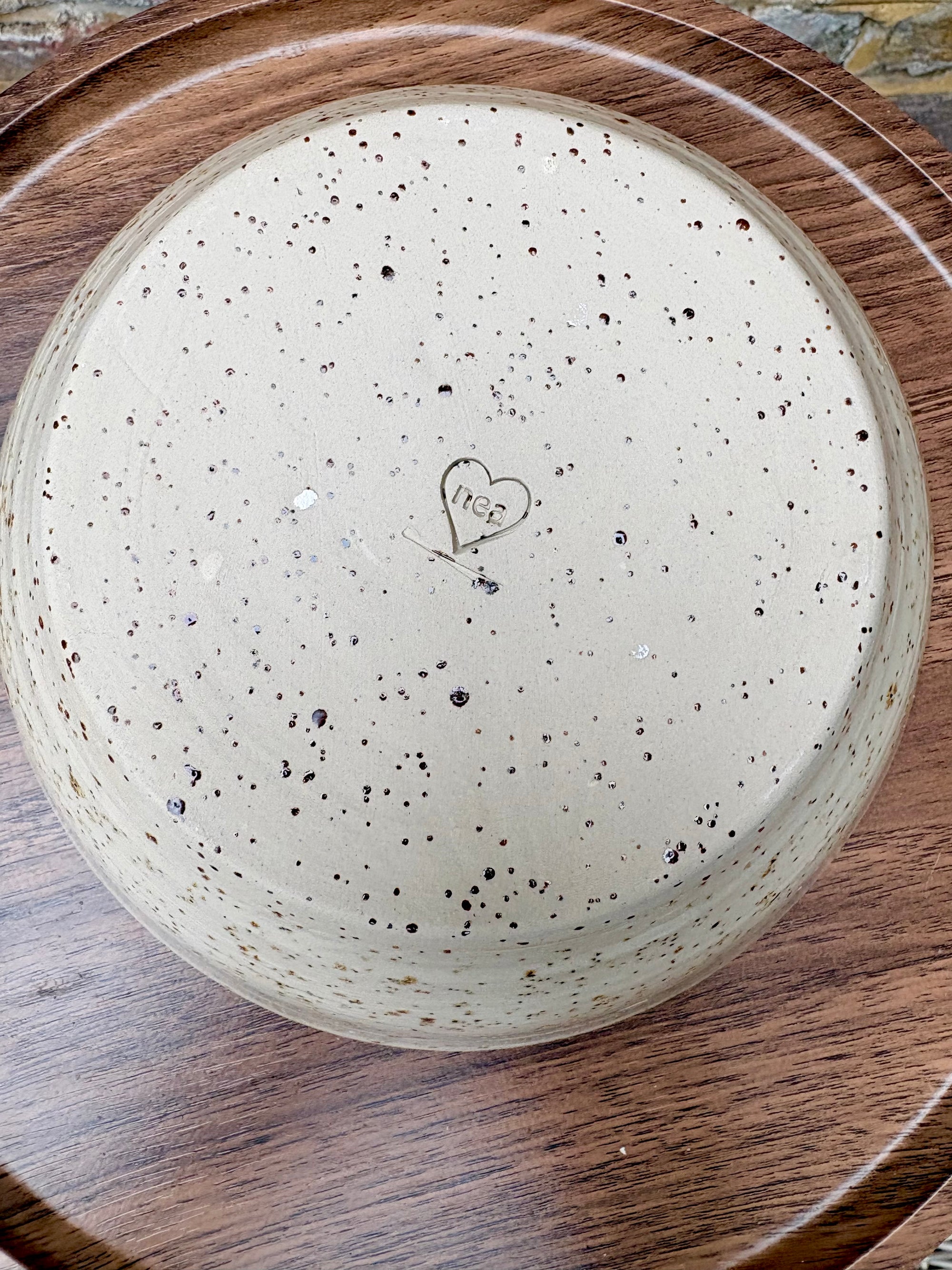 “eat, drink and fuck off by 9pm" round salad/pasta bowl (pastels, flecked clay)