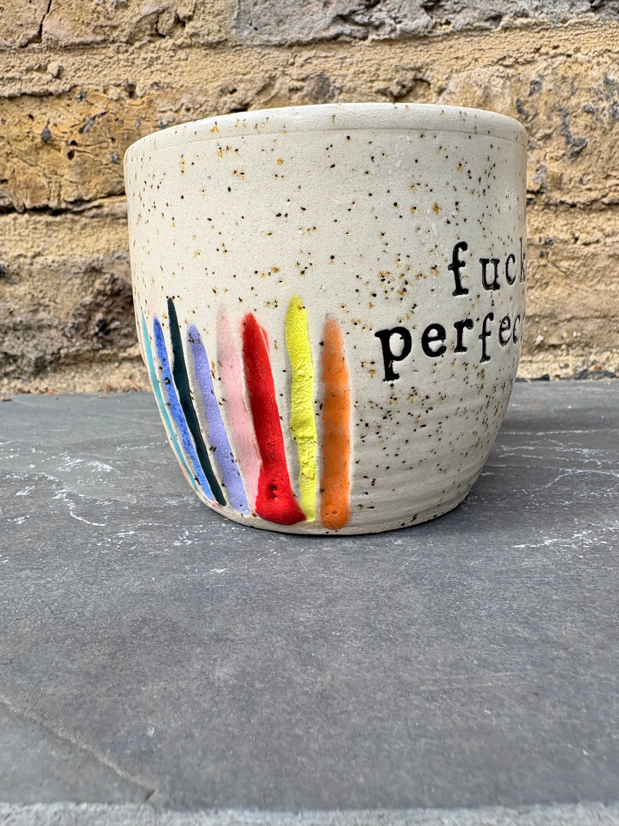 "fuck perfection" mug (rainbow stripes)