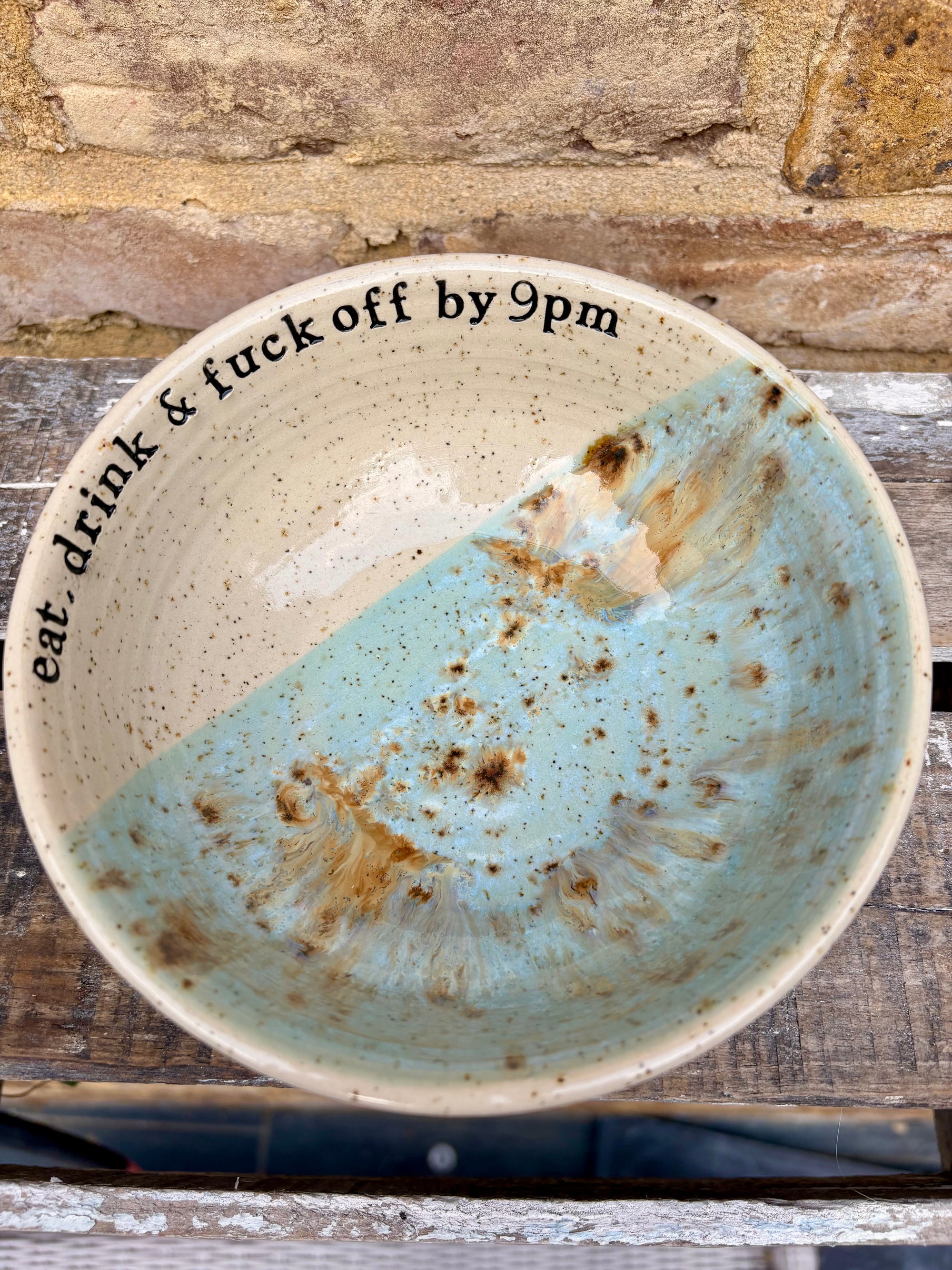 “eat, drink & fuck off by 9pm"  deep round salad/pasta bowl (mint choc chip, flecked clay)
